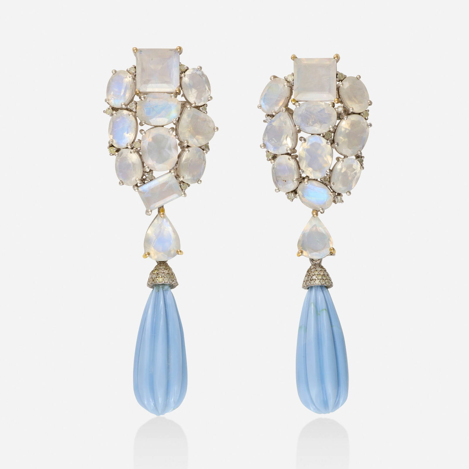 Moonstone, blue opal, and diamond earrings: Moonstone, blue opal, and diamond earrings Each set with a cluster of variously-cut moonstone, suspending a carved blue opal with single-cut diamond cap Silver and yellow gold 2.75 x 0.75 in; Gross we