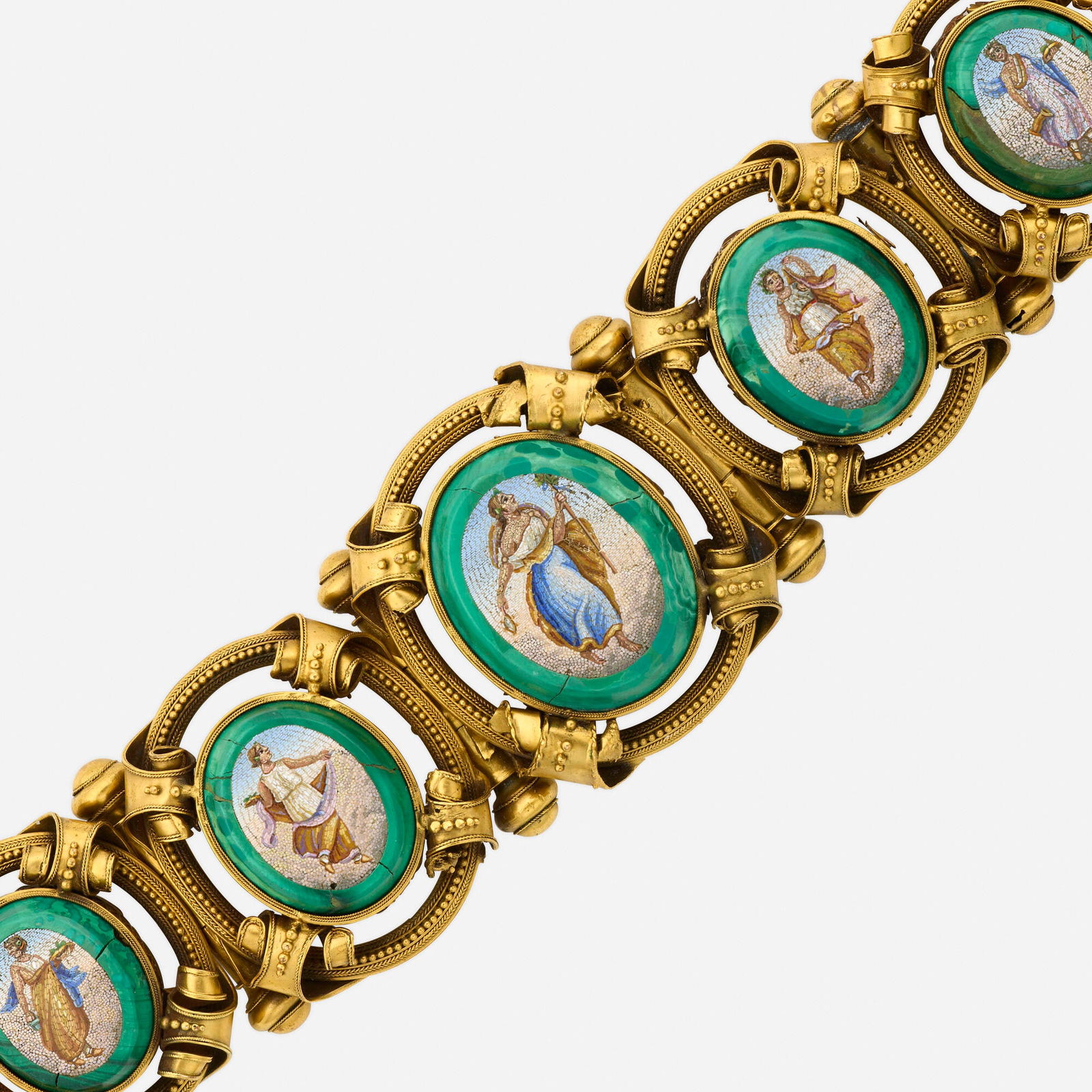 Antique, Micromosaic and gold bracelet: Antique Micromosaic and gold bracelet Designed with five tesserae micromosaics inlaid within malachite, framed by gold ribbons and beads Yellow gold 7.50 x 1.75 in; Gross weight 84.2 dwts