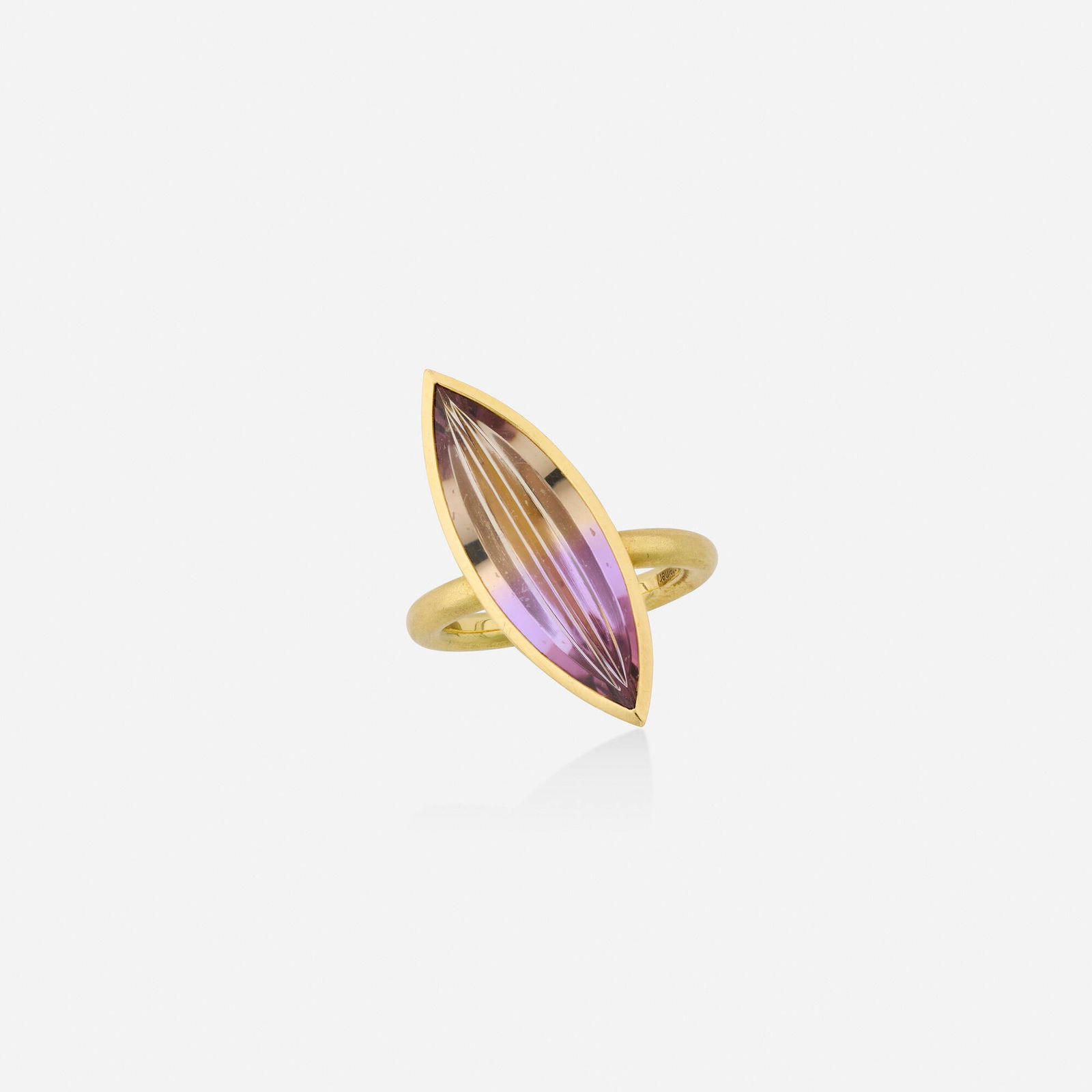 Atelier Munsteiner, Ametrine and gold ring: Atelier Munsteiner Ametrine and gold ring Set with a fancy marquise-cut ametrine 18k yellow gold Signed Munsteiner Ring size 6.25; Gross weight 6.8 dwts This work will ship f