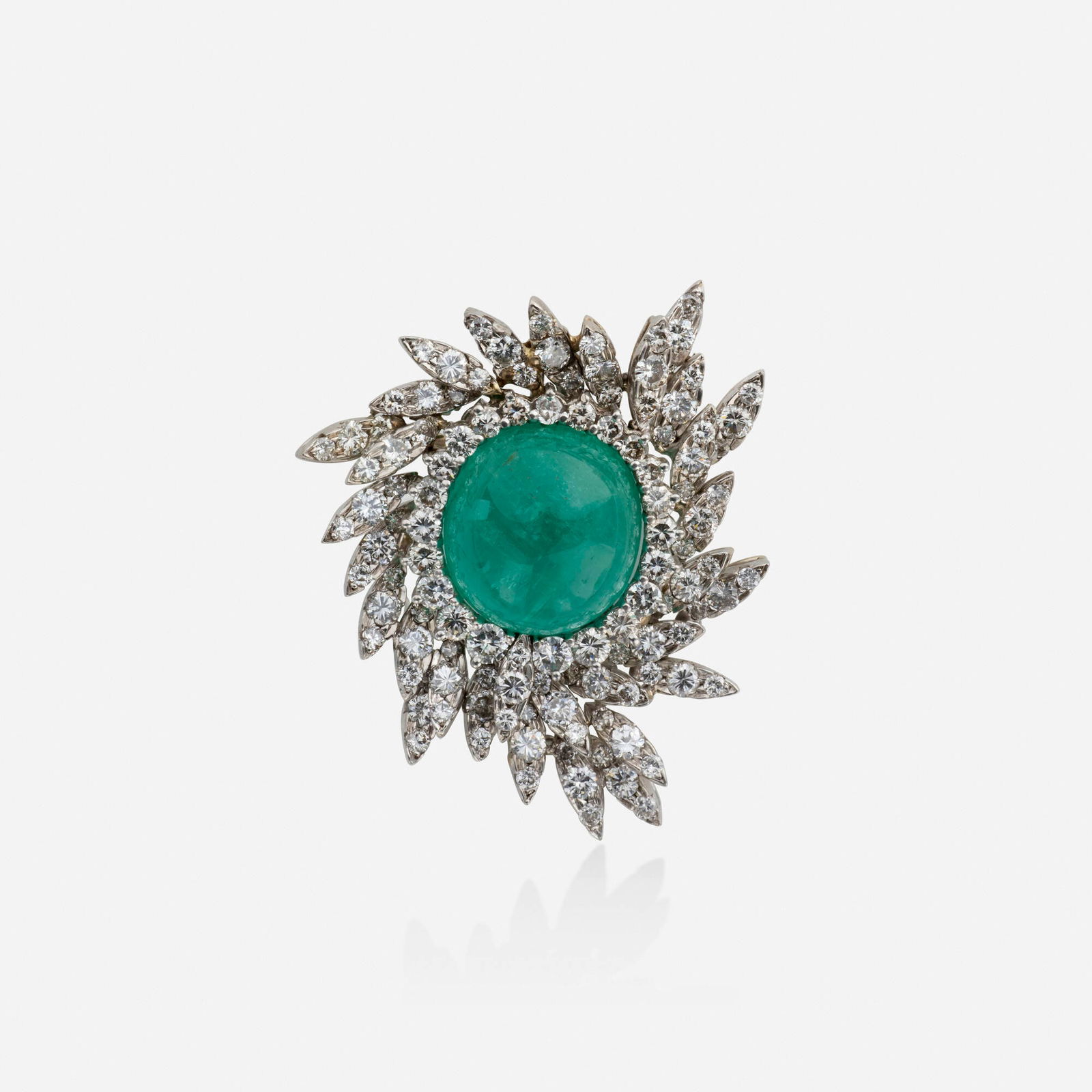 Erwin Pearl, Emerald, diamond, and platinum pendant brooch: Erwin Pearl Emerald, diamond, and platinum pendant brooch Set with a cabochon emerald, surrounded by round brilliant-cut diamonds Platinum Signed E. Pearl 1.875 x 1.625 in; Gross weight 16.7 dwts