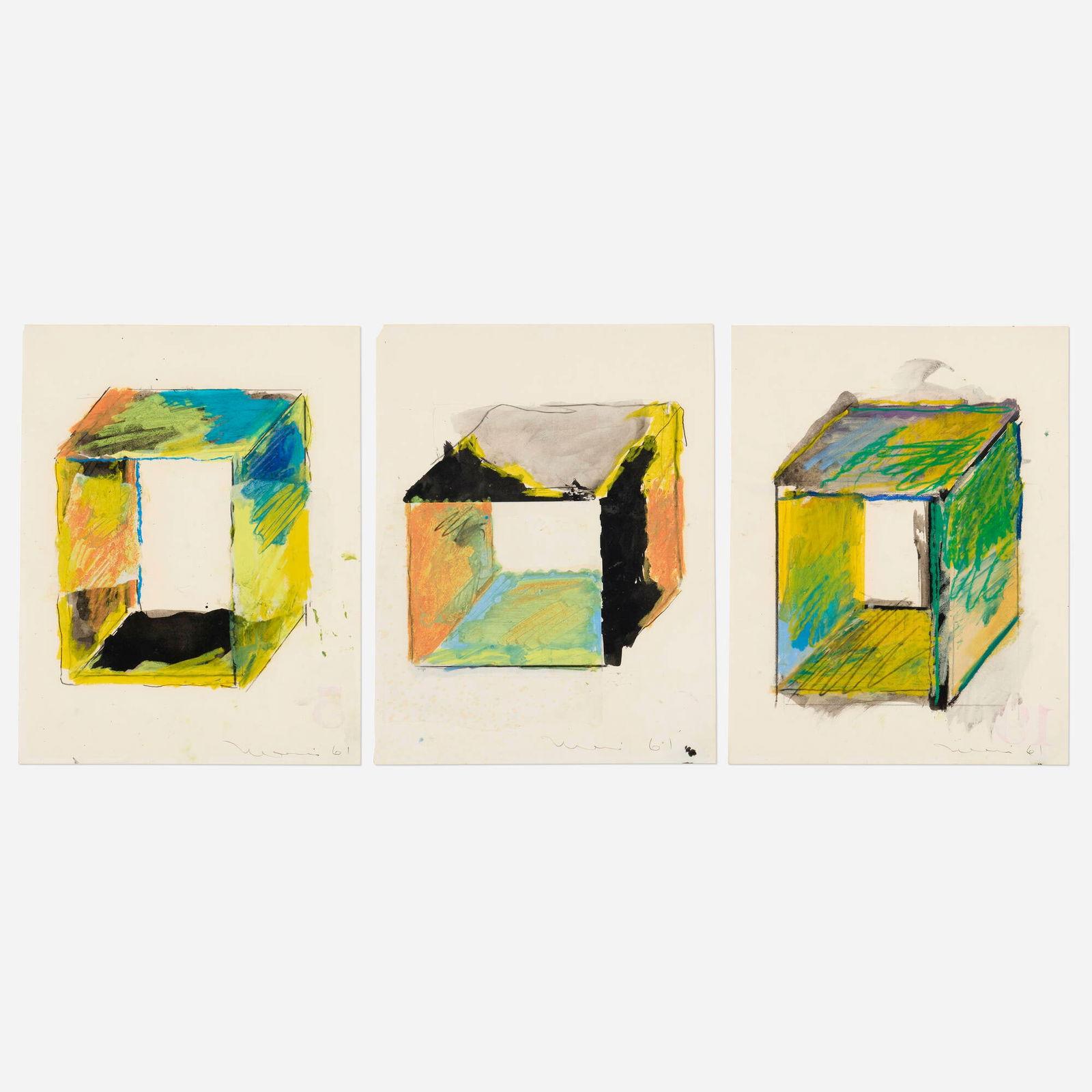 Manuel Neri, Untitled (triptych): Manuel Neri Untitled (triptych) 1961oil, pastel, graphite, ink and mixed media collage on paper 13.5 h x 10.5 w in (34 x 27 cm) Signed and dated to lower right of each panel 'Neri 61'. <