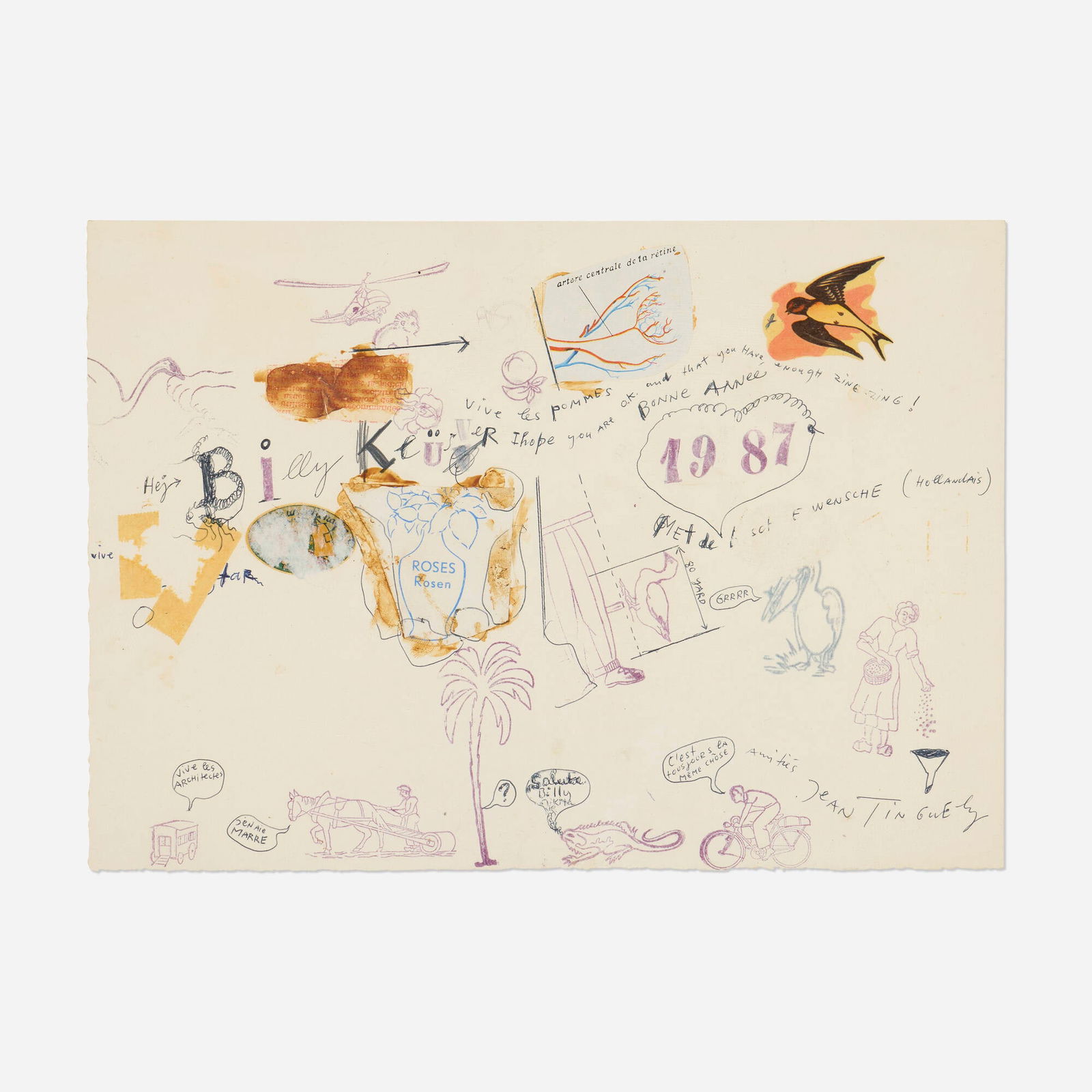 Jean Tinguely, Happy New Year Billy Kluver: Jean Tinguely Happy New Year Billy Kluver 1987rubber stamp, ballpoint pen and collage on paper 9.75 h x 14 w in (25 x 36 cm) Signed to lower right 'Jean Tinguely'. Provenance:</