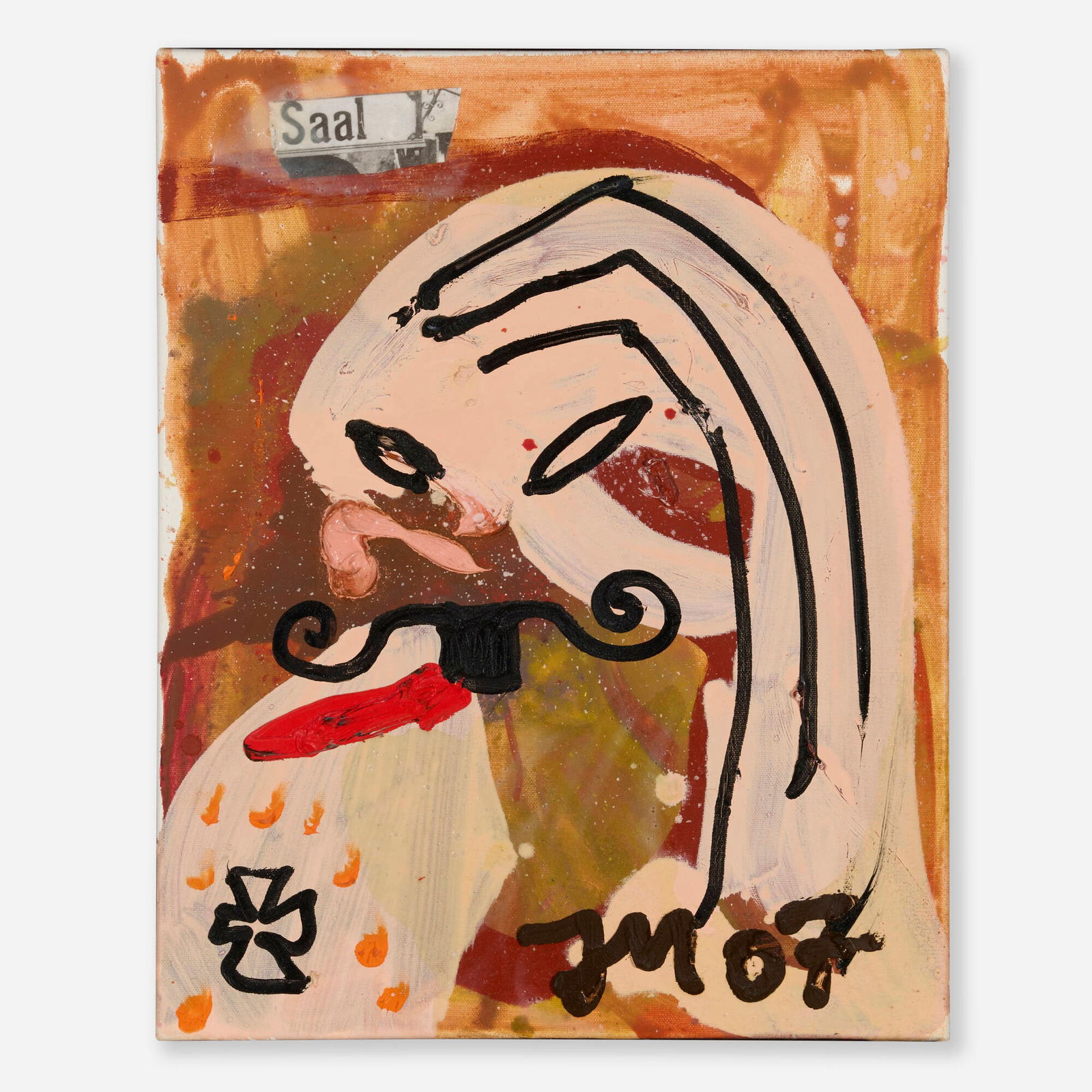 Jonathan Meese, Partei Johnny de Nonnie Spielballi: Jonathan Meese Partei Johnny de Nonnie Spielballi 2007oil and printed paper collage on canvas 19.5 h x 15.625 w in (50 x 40 cm) Signed and dated to lower right 'JM 07'. Signed, titled and date