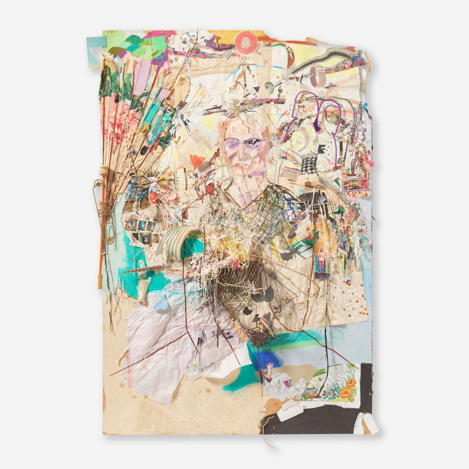 Elliott Hundley, Untitled: Elliott Hundley Untitled acrylic, pins, textile, paper, yarn and mixed media collage on MDF 72 h x 53 w x 6 d in (183 x 135 x 15 cm) This work will ship from Los Angeles, California.