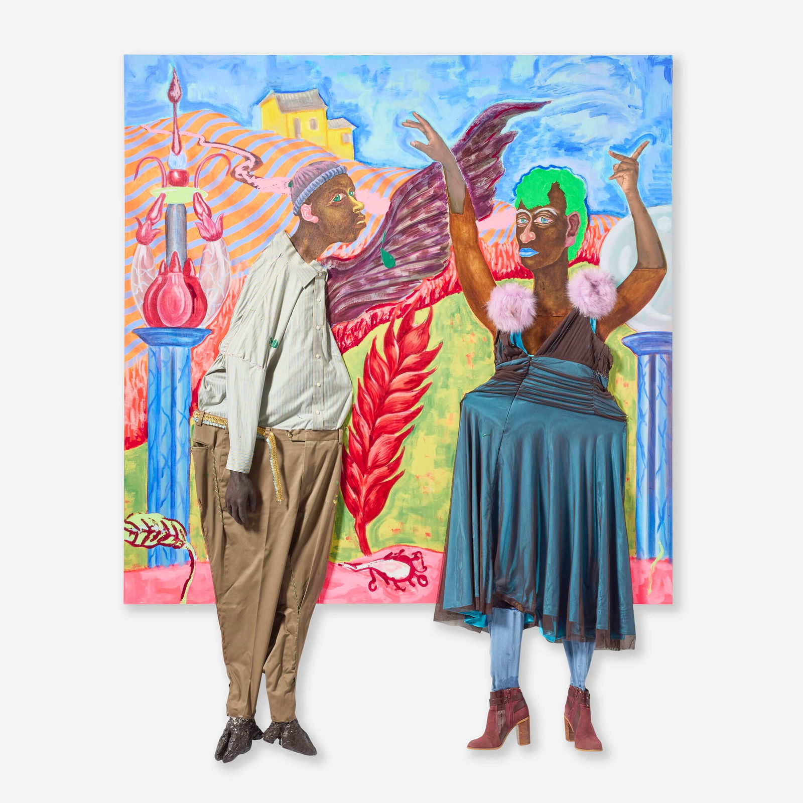 Simphiwe Ndzube, Rehearsal for Rebellion: Simphiwe Ndzube Rehearsal for Rebellion 2021oil and textile collage on canvas 84.5 h x 71.5 w x 6 d in (215 x 182 x 15 cm) Signed, titled and dated to verso 'Simphiwe Ndzube 2021 Rehearsal for