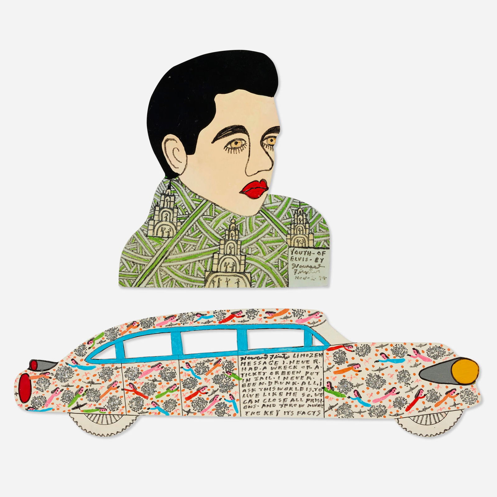 Howard Finster, Youth of Elvis; Limozon (two works): Howard Finster Youth of Elvis; Limozon (two works) 1994acrylic and glitter on wood 6 h x 23 w in (15 x 58 cm) 11.75 h x 10.5 w in (30 x 27 cm) Signed, titled and dated to lower right of one