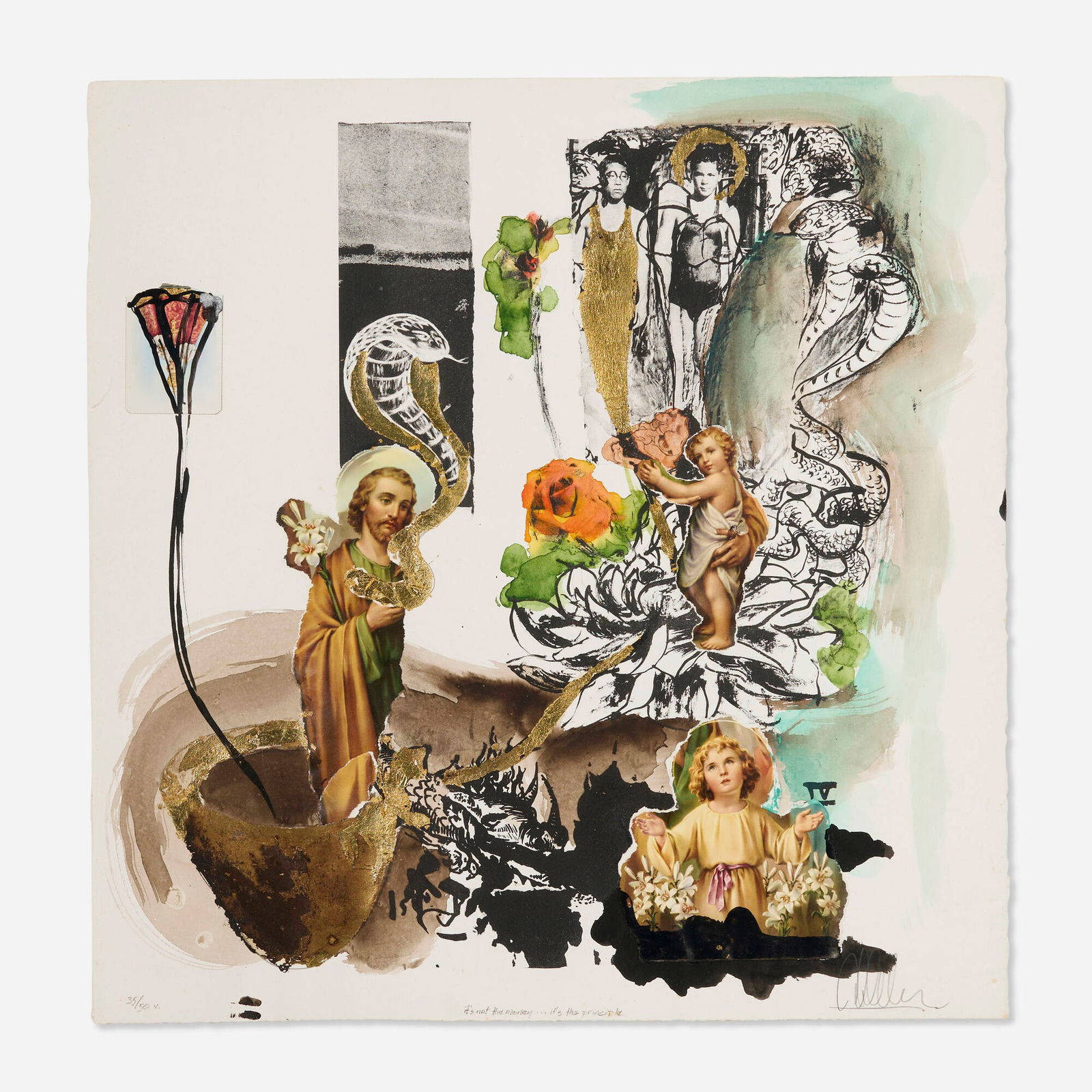 Richard Attila Lukacs, it's not the money...it's the principle: Richard Attila Lukacs it's not the money...it's the principle offset lithograph in colors, paper collage, gold leaf and mixed media on paper 22.75 h x 22.25 w in (58 x 57 cm) Signed, titled and numb