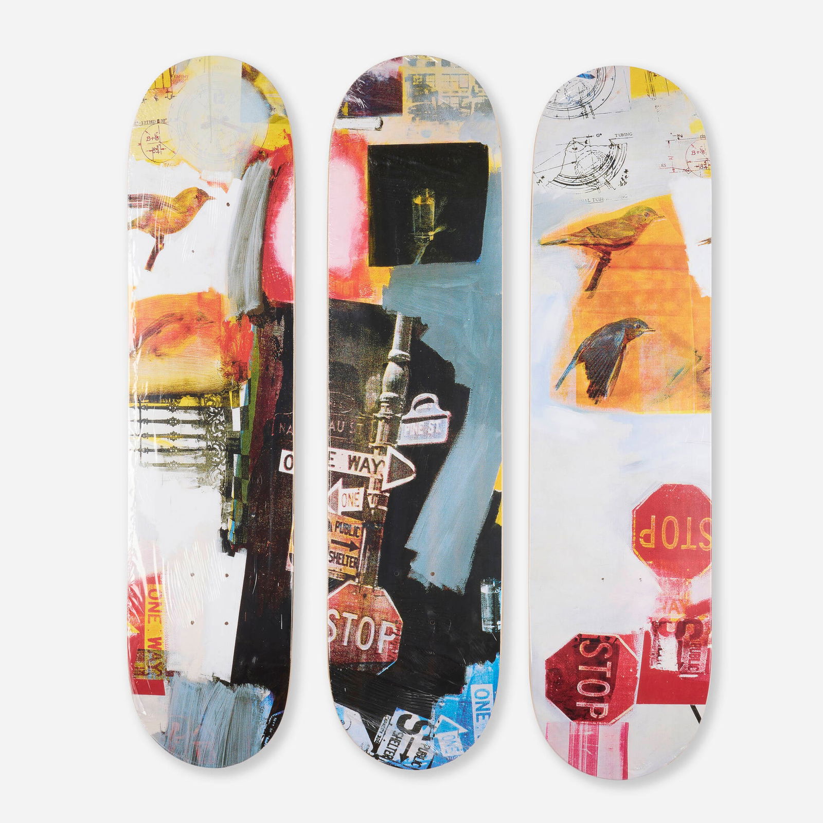 After Robert Rauschenberg, Overdrive (triptych): After Robert Rauschenberg Overdrive (triptych) 2017digital print on maple skatedeck 32 h x 24.25 w x 2 d in (81 x 62 x 5 cm) This work is from the edition of 300 published by The Skateroom.