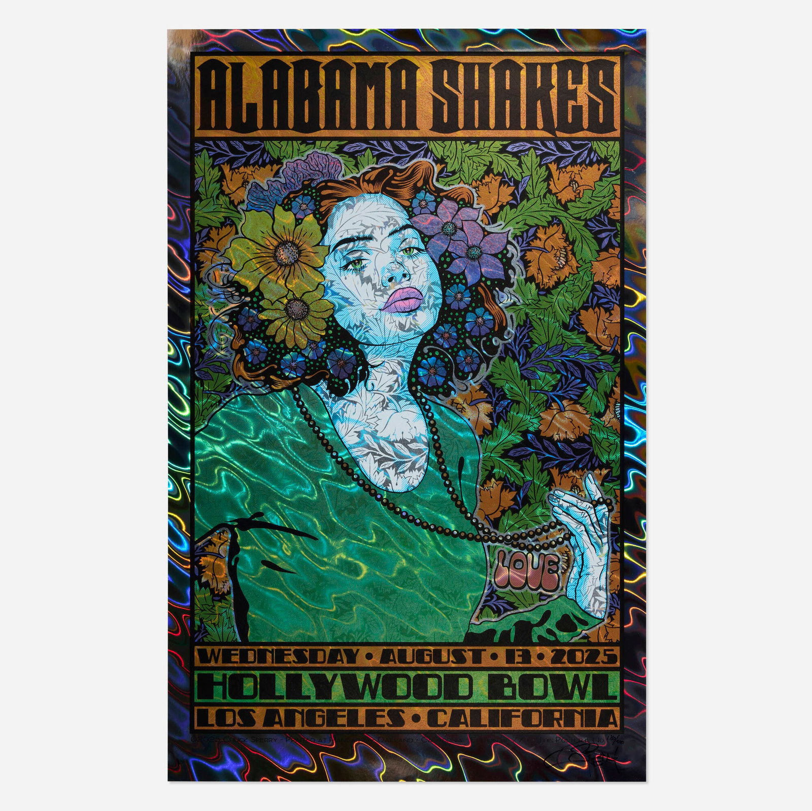 Chuck Sperry, Alabama Shakes, Hollywood Bowl: Chuck Sperry Alabama Shakes, Hollywood Bowl 2025 screenprint in colors on lava foil image: 30.375 h x 19 w in (77 x 48 cm) sheet: 33 h x 21 w in (84 x 53 cm) Signed and numbered to lower rig