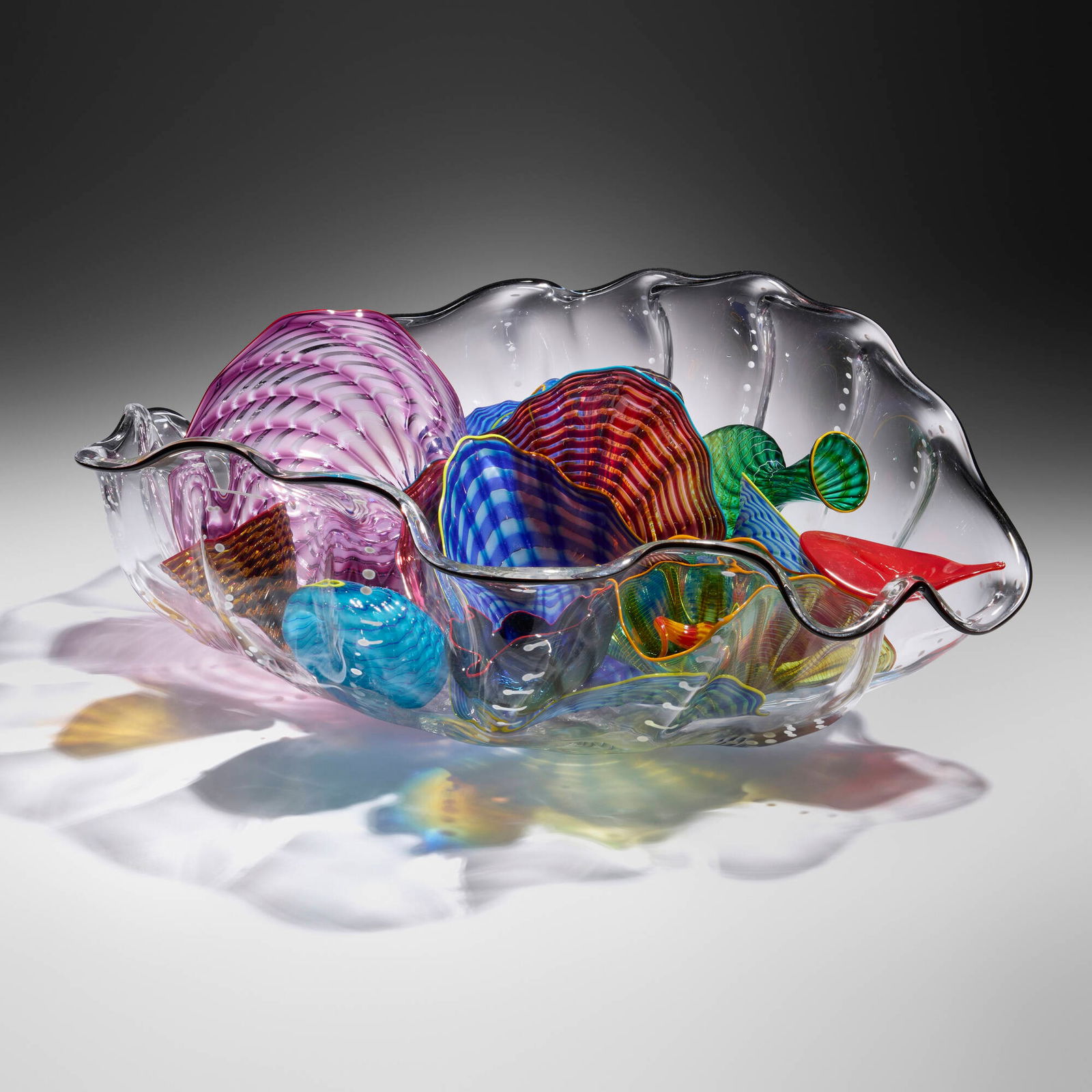 Dale Chihuly, Assembled Persian group: Dale Chihuly Assembled Persian group 1999-2000hand-blown glass 9.75 h x 25.5 w x 20.875 d in (25 x 65 x 53 cm) Group is composed of fourteen elements. Etched signature and date to underside of