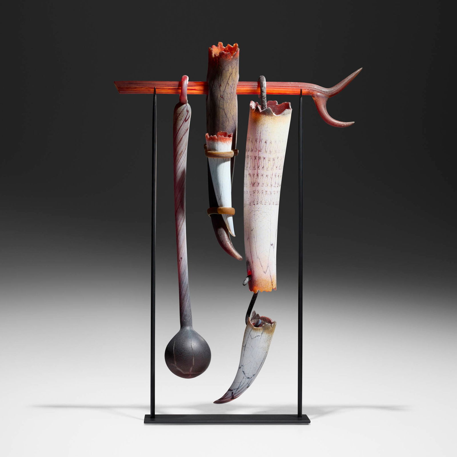 William Morris, Suspended Artifact: William Morris Suspended Artifact 1995hand-blown and hot-sculpted glass, metal base 37.25 h x 25 w x 6.5 d in (95 x 63 x 17 cm) Etched signature and date to two elements 'William Morris 1995',