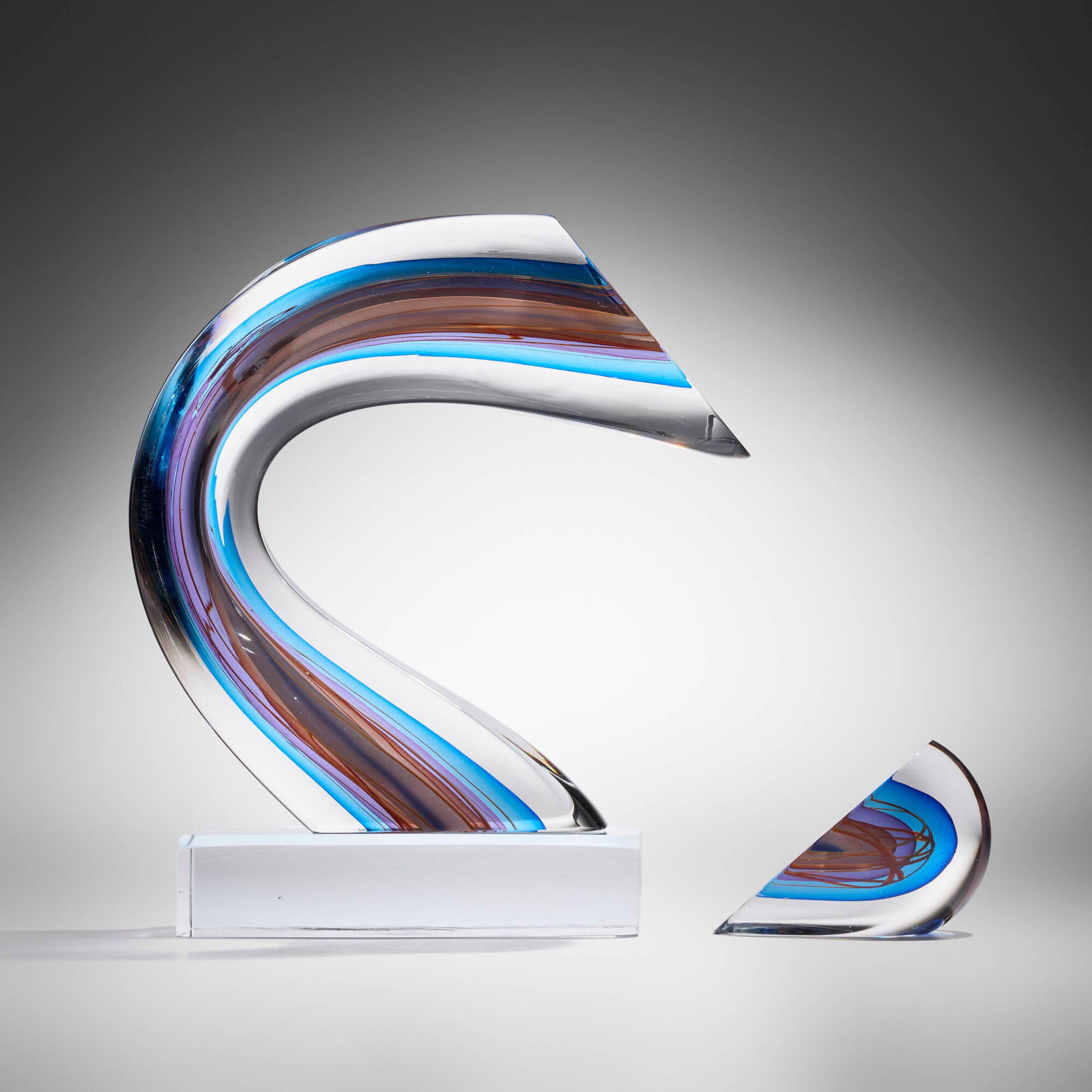 Harvey Littleton, Blue Moon Arc: Harvey Littleton Blue Moon Arc 1985cased, hot-worked, cut, and polished glass 16 h x 19.5 w x 3.5 d in (41 x 50 x 9 cm) Work is composed of three elements. Etched signature and date to each el