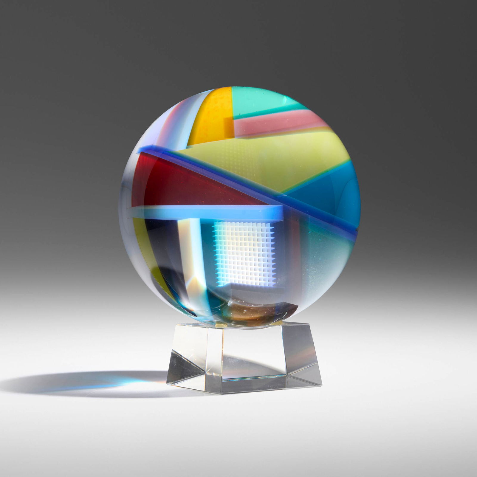 David Huchthausen, Untitled (Sphere): David Huchthausen Untitled (Sphere) c. 2003cut, laminated, and polished glass overall: 9.25 h x 7.5 dia in (23 x 19 cm) sphere: 7.5 dia in (19 cm) Provenance: Bonham's, New