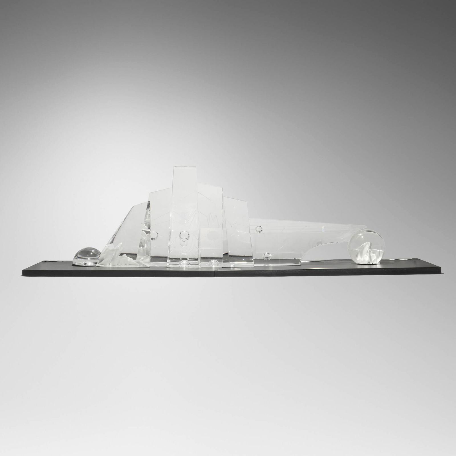 Eric Hilton, Silence into Music: Eric Hilton Silence into Music 1989cut, polished and sandblasted optical crystal, hand-blown and sandblasted glass, slate 13 h x 48 w x 12 d in (33 x 122 x 30 cm) Work is composed of eleven el