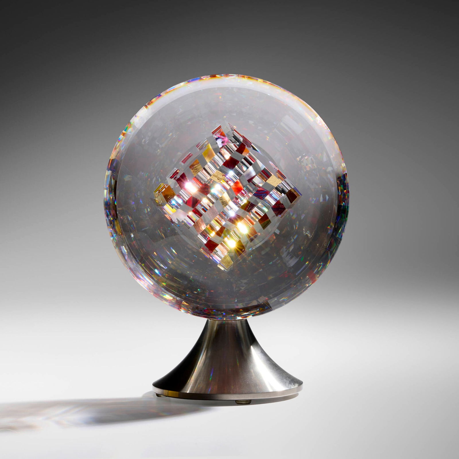 Jon Kuhn, Untitled - Red: Jon Kuhn Untitled - Red 2008ground, polished, and laminated glass, gold foil, stainless steel 9.5 h x 7 w x 4.5 d in (24 x 18 x 11 cm) Sculpture features a rotating base. Etched signature, tit