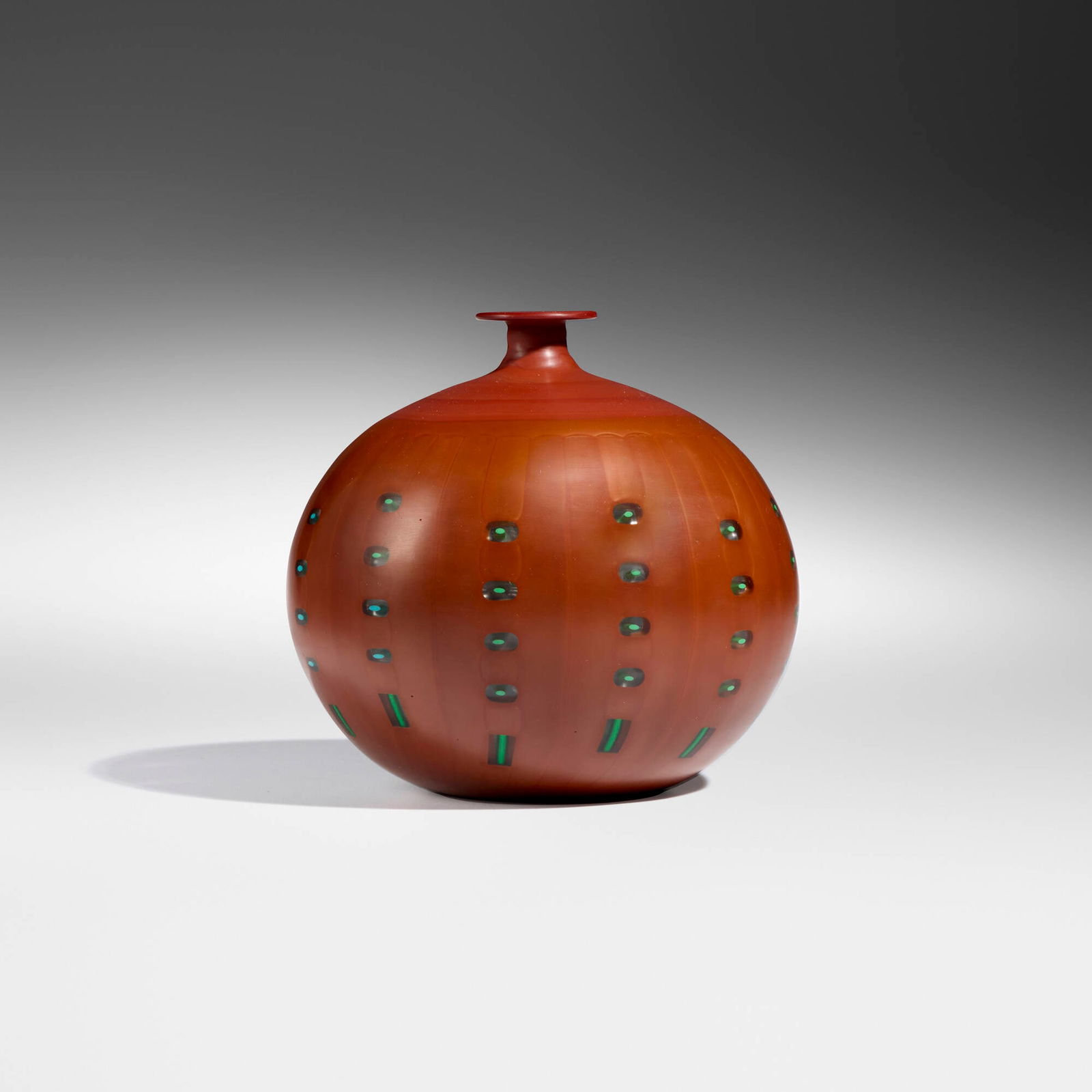 Yoichi Ohira, Legno vase: Yoichi Ohira Legno vase 1997hand-blown glass canes with murrine, ground surface 5.5 h x 5.875 dia in (14 x 15 cm) This unique work was executed by Maestro Livio Serena. Etched signature, date