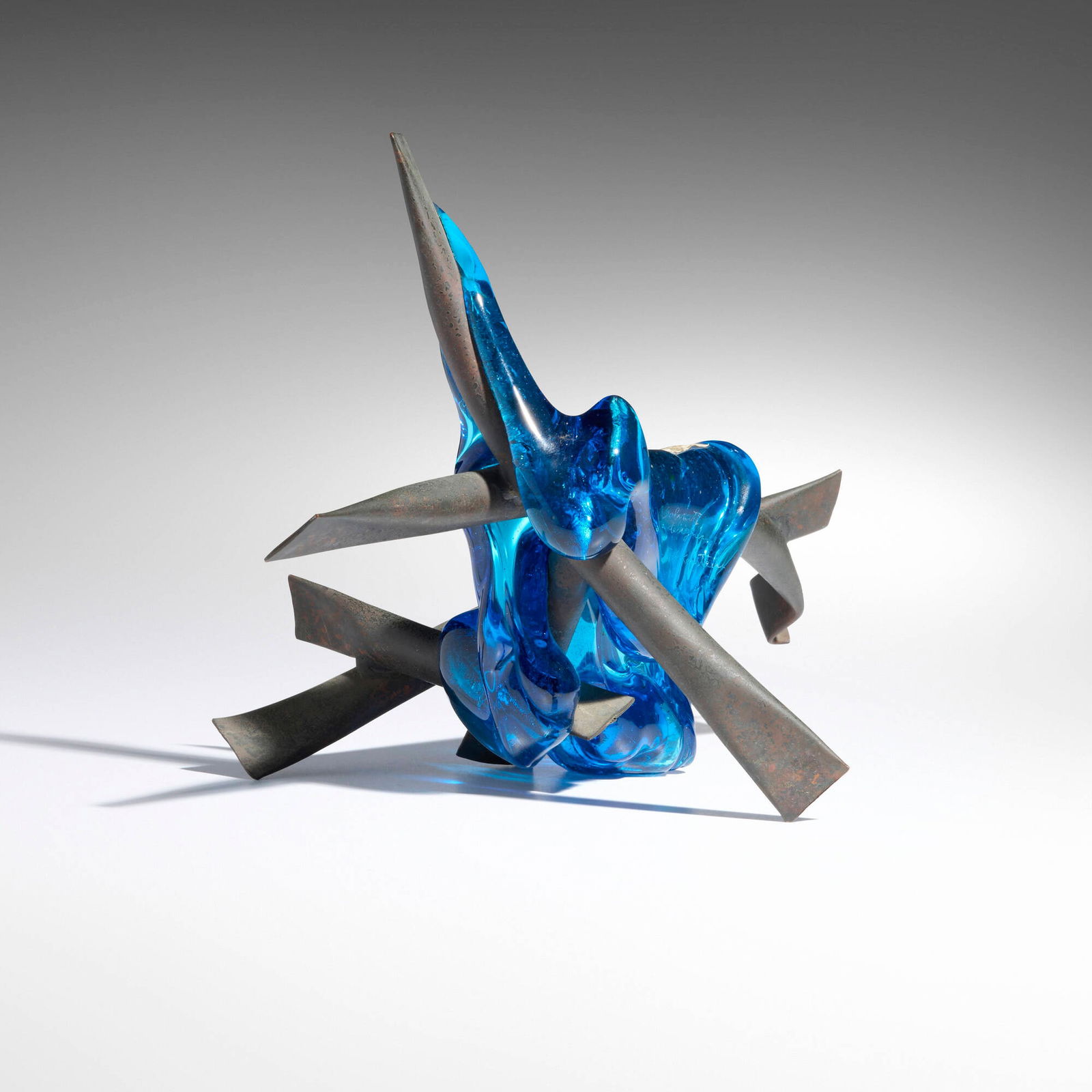 Claire Falkenstein, Untitled (Fusion): Claire Falkenstein Untitled (Fusion) Salviati & C.c. 1975brazed copper and fused glass 8.25 h x 13 w x 9 d in (21 x 33 x 23 cm) Etched signature to glass element 'Clare Falkenstein Salvi