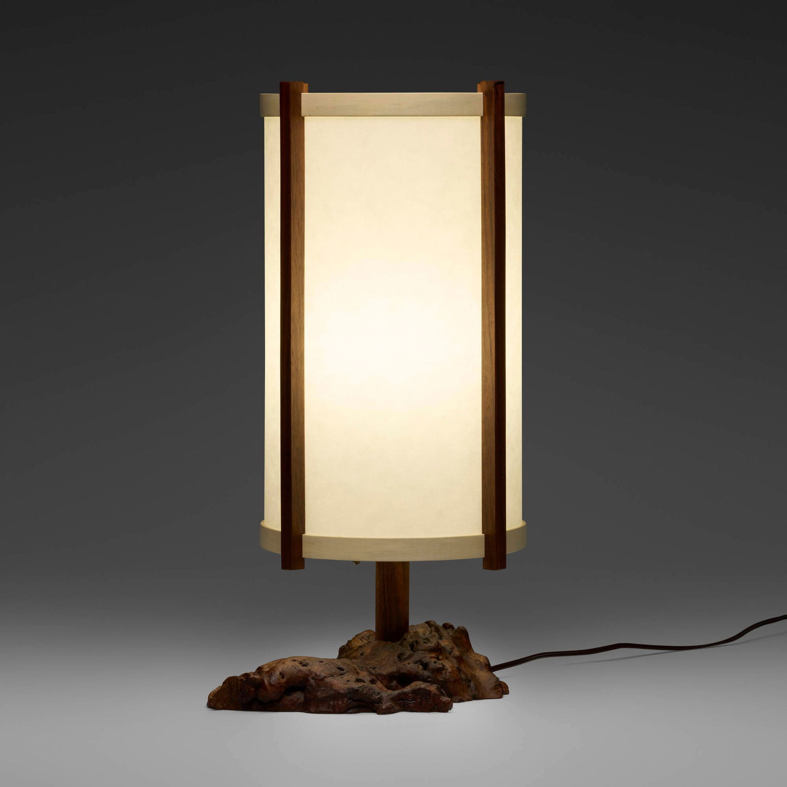Mira Nakashima, Desk lamp: Mira Nakashima Desk lamp Nakashima StudioUSA, 2022Carpathian elm burl, American black walnut, holly, handmade washi parchment 20.5 h x 12 w x 10 d in (52 x 30 x 25 cm) Signed, dated and