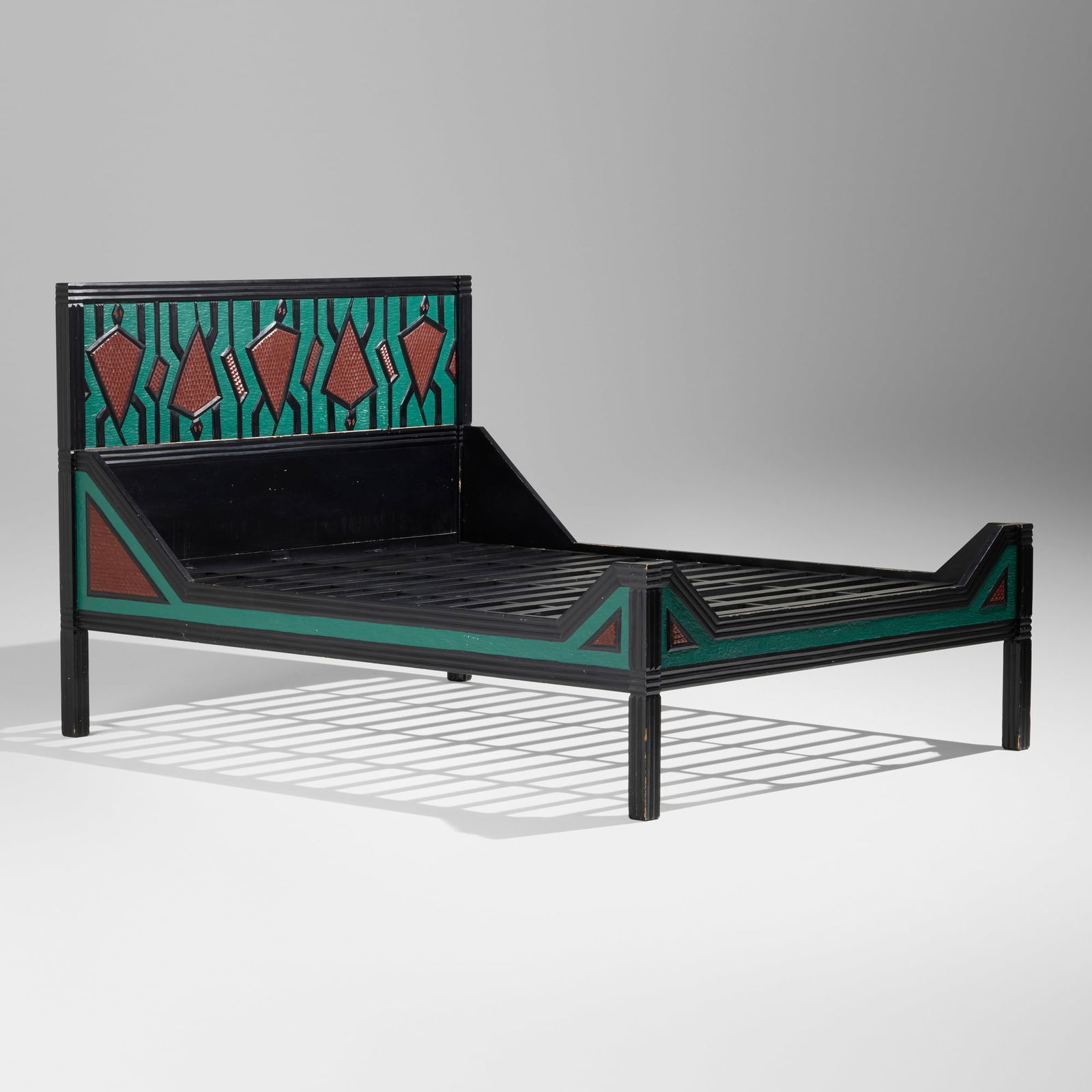 Judy Kensley McKie, Pine Turtle queen-size bed: Judy Kensley McKie Pine Turtle queen-size bed USA, 1987carved and polychromed wood 50 h x 64.5 w x 84.5 d in (127 x 164 x 215 cm) Carved signature and date to reverse of headboard '? JKM 1987'