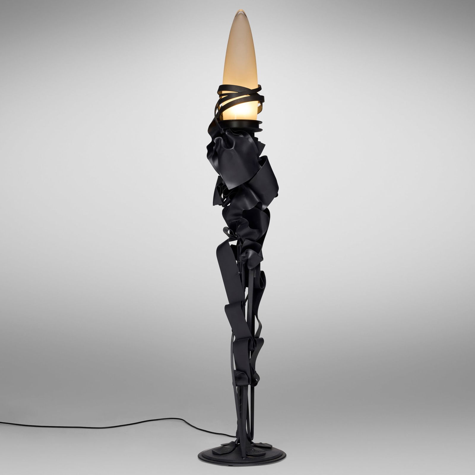 Albert Paley, Arabesque Parabolic floor lamp: Albert Paley Arabesque Parabolic floor lamp USA, 2014forged and fabricated steel with a blackened finish, parabolic glass shade 83 h x 16 dia in (211 x 41 cm) Impressed signature and date to b