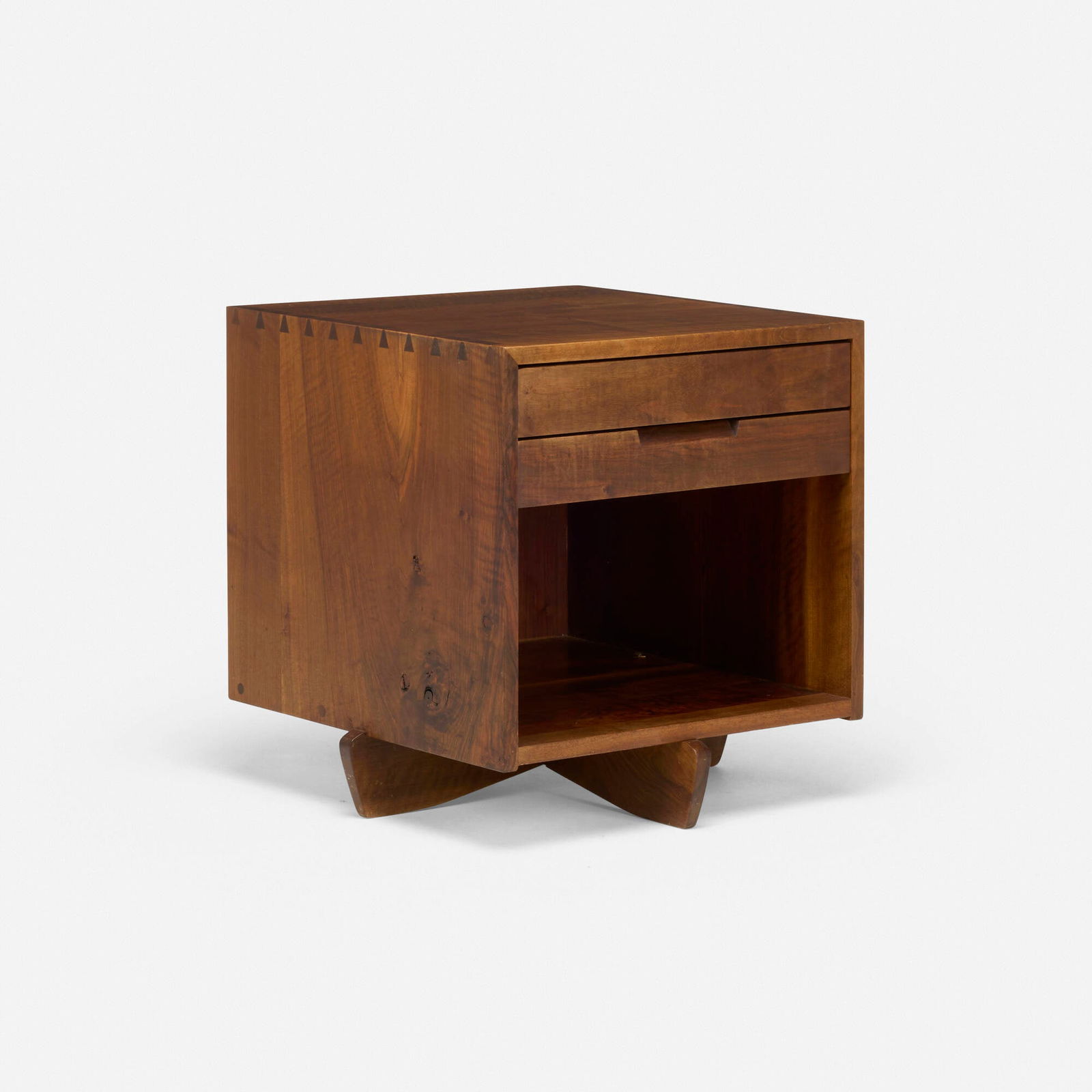 George Nakashima, Free-Standing Pedestal nightstand: George Nakashima Free-Standing Pedestal nightstand Nakashima StudioUSA, 1972Persian walnut, American black walnut 22 h x 21 w x 21 d in (56 x 53 x 53 cm) Nightstand features two drawers.