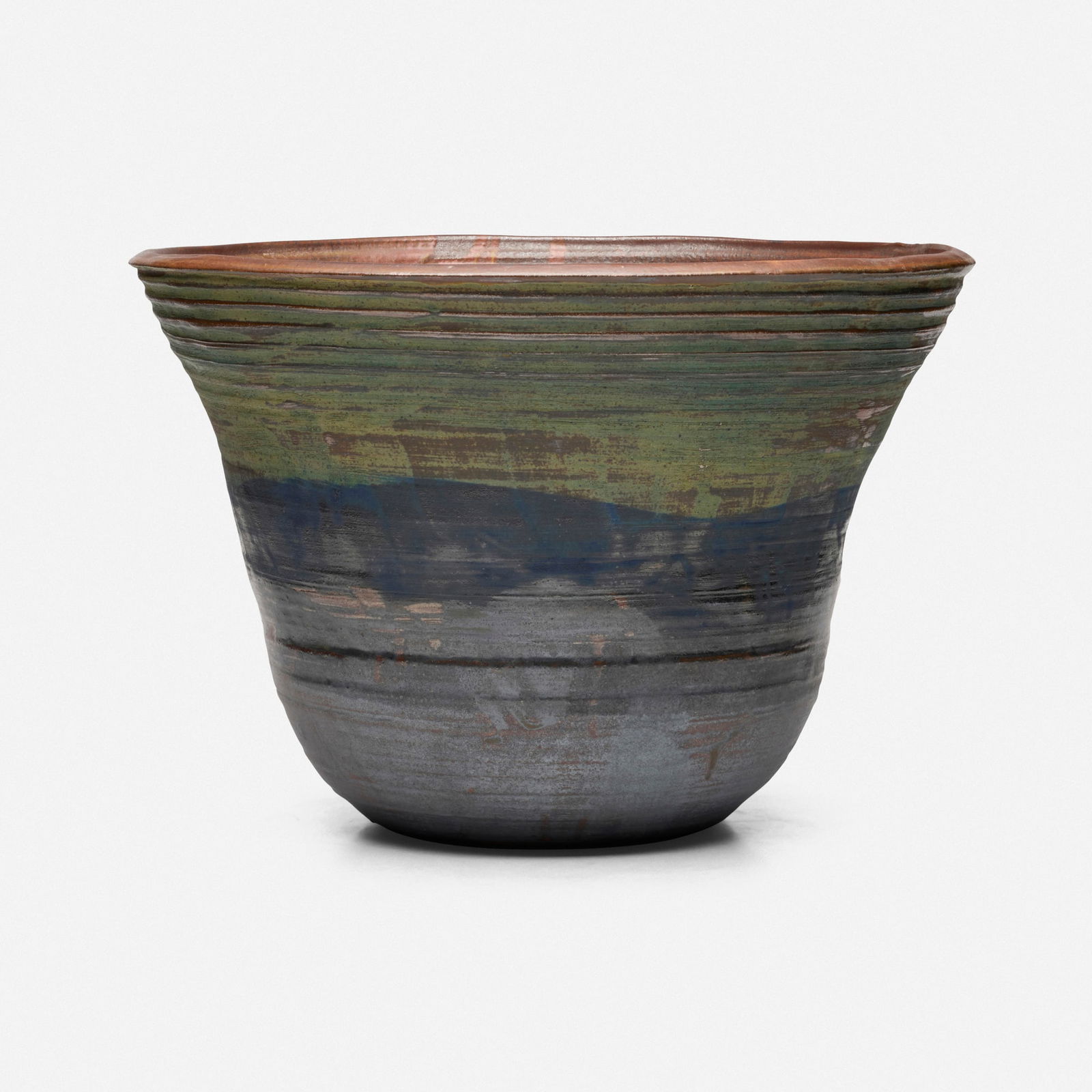 Toshiko Takaezu, Early bell-form jardiniere: Toshiko Takaezu Early bell-form jardiniere c. 1967glazed stoneware 13.625 h x 20.5 dia in (35 x 52 cm) The shape of this jardiniere was later used in Takaezu's development of her bronze bells.