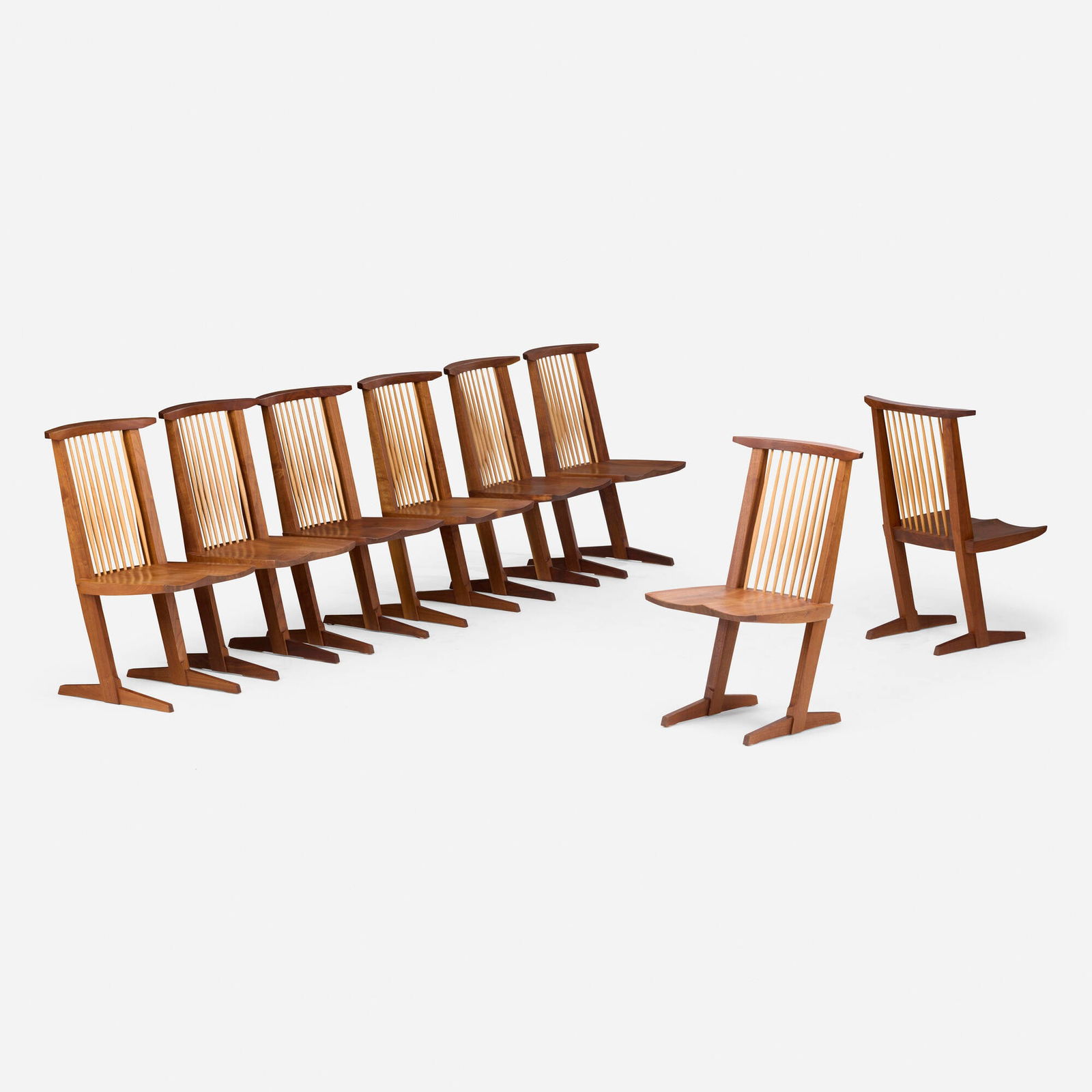 Mira Nakashima, Conoid chairs, set of eight: Mira Nakashima Conoid chairs, set of eight Nakashima StudioUSA, 2006American black walnut, hickory 36 h x 21 w x 22 d in (91 x 53 x 56 cm) Signed, dated and inscribed with client name to