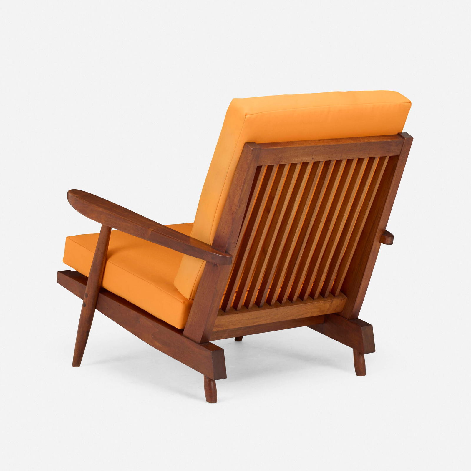 George Nakashima, Cushion Chair with Arms: George Nakashima Cushion Chair with Arms Nakashima StudioUSA, 1960American black walnut, upholstered cushions 28.75 h x 30.25 w x 35.75 d in (73 x 77 x 91 cm) Sold with a digital copy of