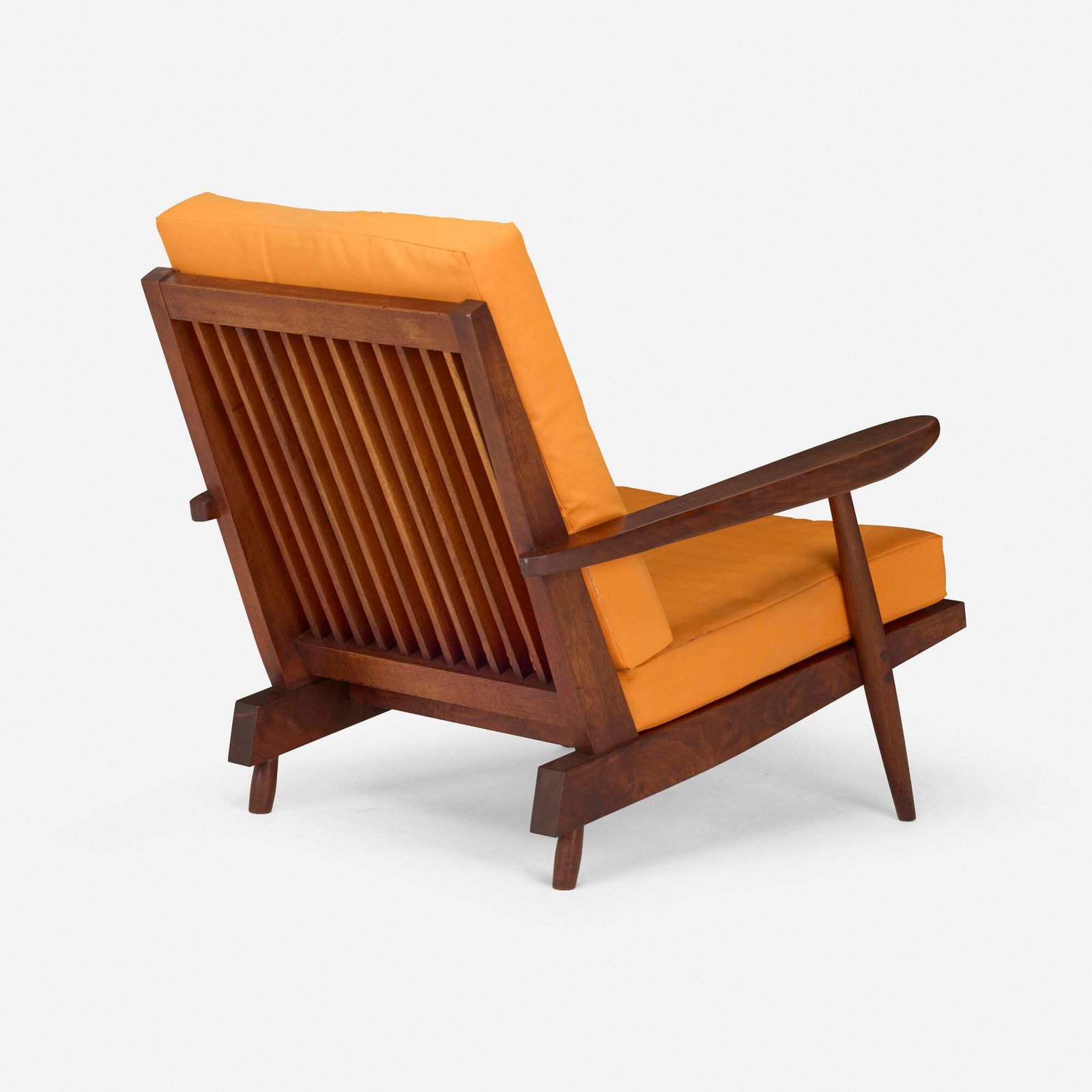 George Nakashima, Cushion Chair with Arms: George Nakashima Cushion Chair with Arms Nakashima StudioUSA, 1960American black walnut, upholstered cushions 28.75 h x 30.25 w x 35.75 d in (73 x 77 x 91 cm) Sold with a digital copy of