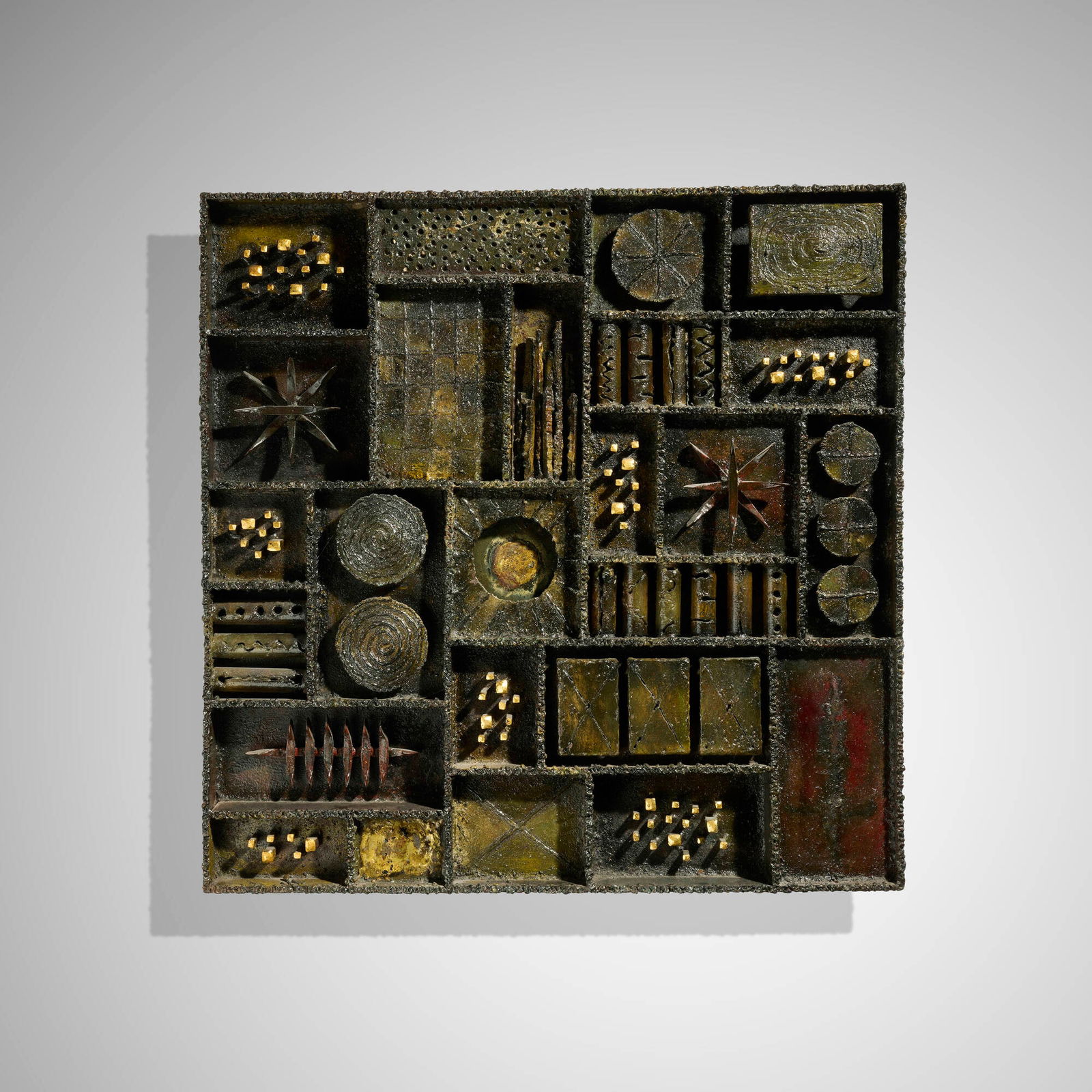 Paul Evans, Sculpture Front wall panel: Paul Evans Sculpture Front wall panel Paul Evans StudioUSA, 1968welded, gilt and polychromed steel, 23-karat gold leaf 30 h x 30 w x 2.5 d in (76 x 76 x 6 cm) Welded signature and date t