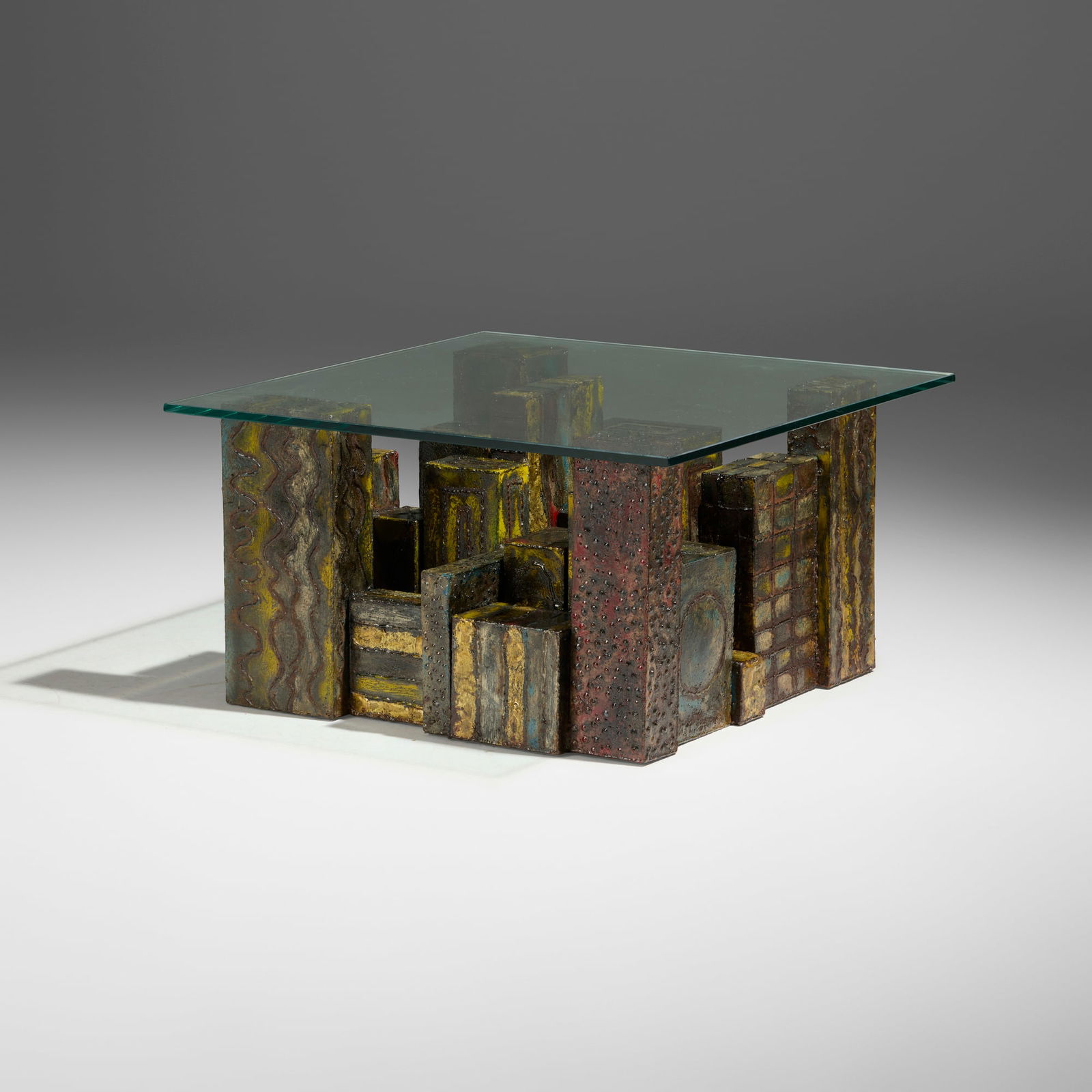 Paul Evans, Rare Skyline coffee table: Paul Evans Rare Skyline coffee table Paul Evans StudioUSA, 1968welded, gilt and polychromed steel, glass 15.75 h x 29.25 w x 29.25 d in (40 x 74 x 74 cm) Welded signature and date to bas