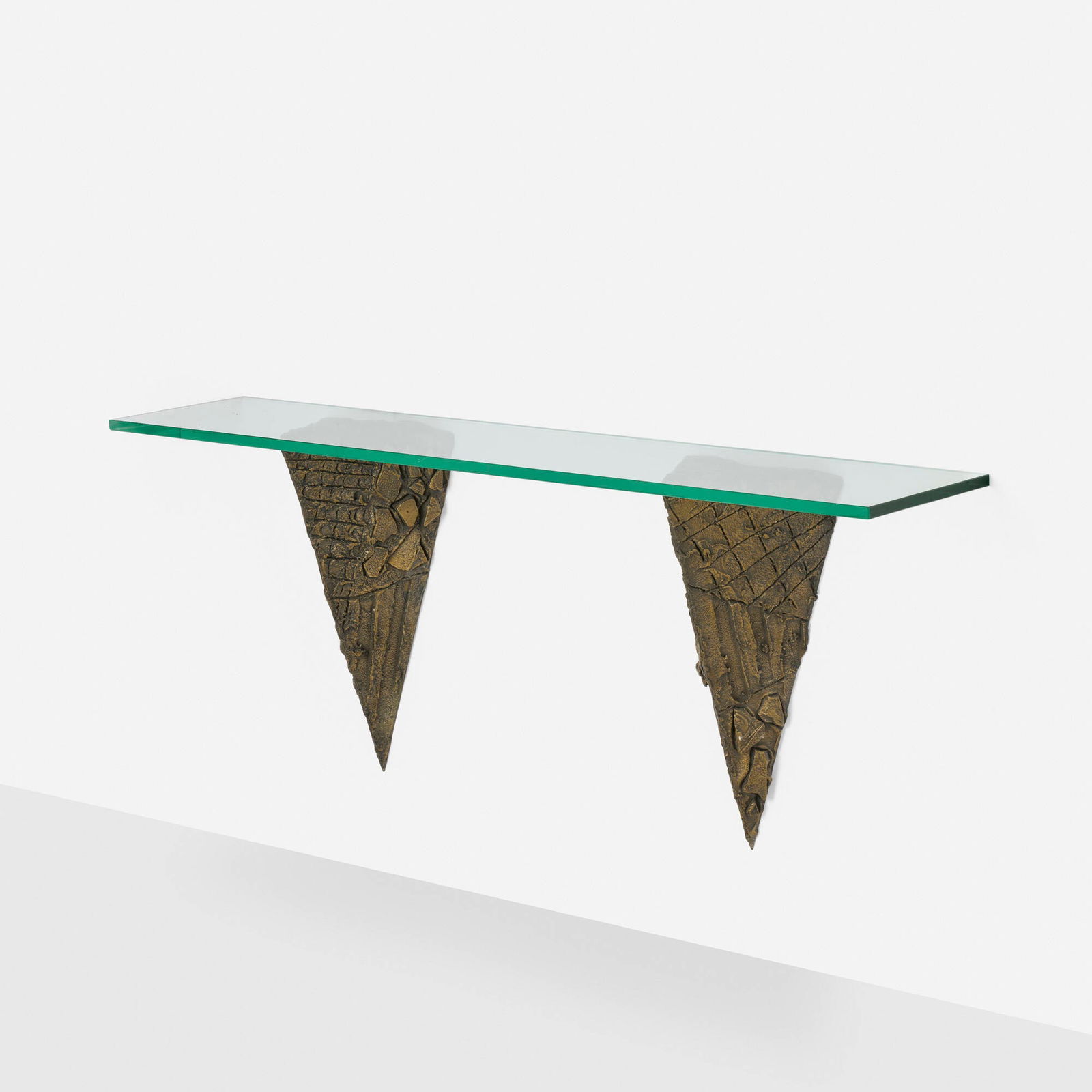 Paul Evans, Sculpted Bronze wall shelf: Paul Evans Sculpted Bronze wall shelf Paul Evans Studio for DirectionalUSA, c. 1970bronzed resin over steel, glass 25.25 h x 60 w x 13 d in (64 x 152 x 33 cm) Provenance: