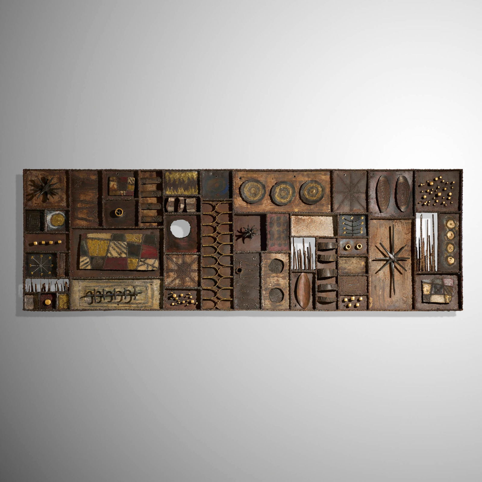Paul Evans, Rare Sculpture Front wall panel: Paul Evans Rare Sculpture Front wall panel Paul Evans StudioUSA, c. 1965welded, gilt and polychromed steel, 24 karat gold leaf 30.5 h x 94 w x 5 d in (77 x 239 x 13 cm) Provenanc