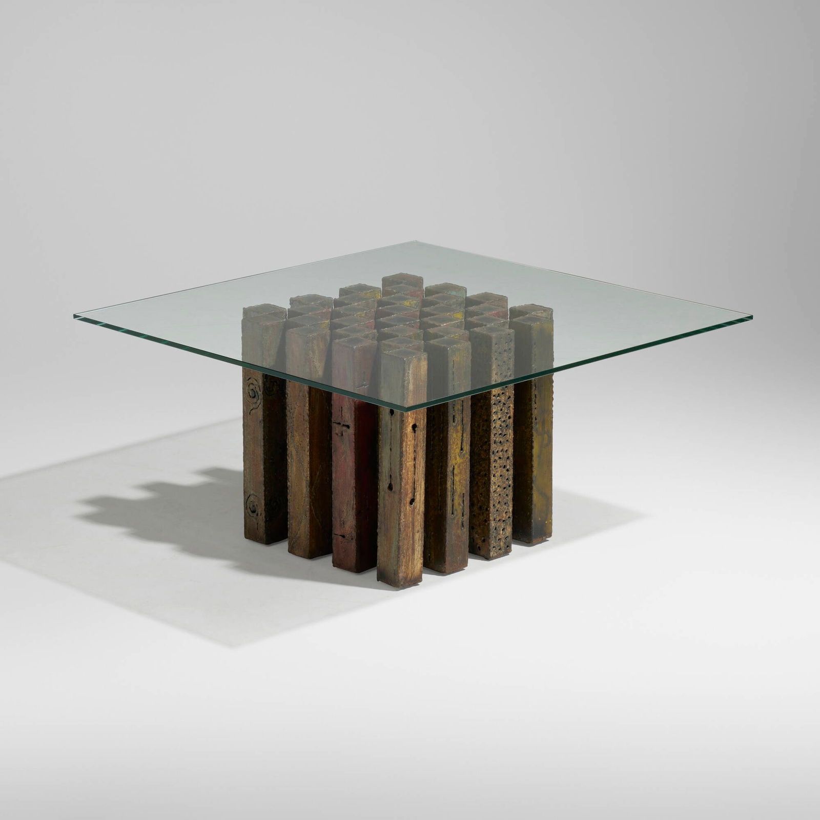 Paul Evans, Rare chess/coffee table: Paul Evans Rare chess/coffee table Paul Evans StudioUSA, c. 1970torch-cut, welded, polychromed and patinated steel, glass 15.5 h x 32 w x 32 d in (39 x 81 x 81 cm) Provenance: