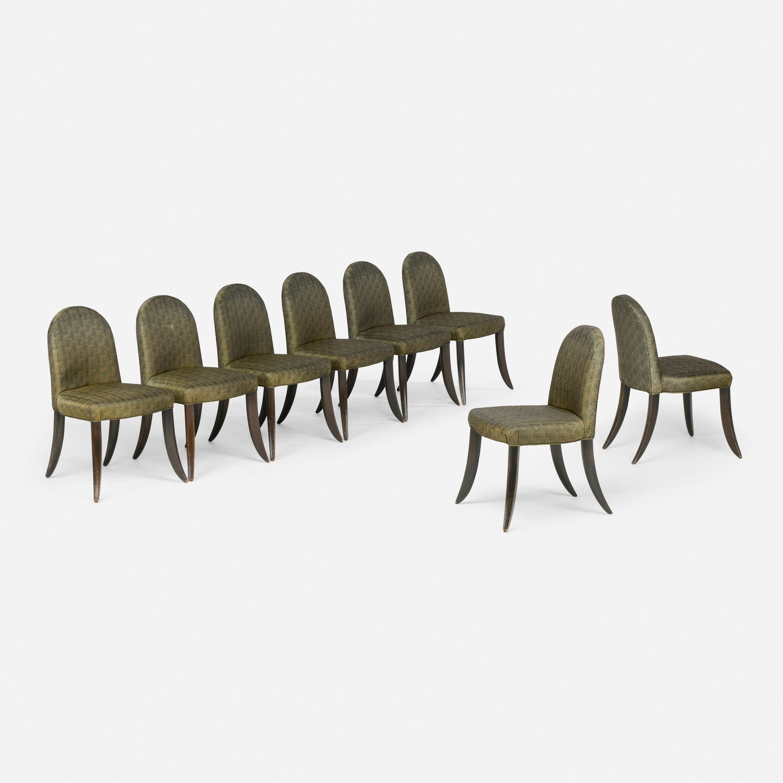 Wendell Castle, Peter Joseph dining chairs, set of eight: Wendell Castle Peter Joseph dining chairs, set of eight USA, 1992ebonized mahogany, poplar, upholstery 33.5 h x 19.5 w x 23.25 d in (85 x 50 x 59 cm) Incised signature and date to leg of each