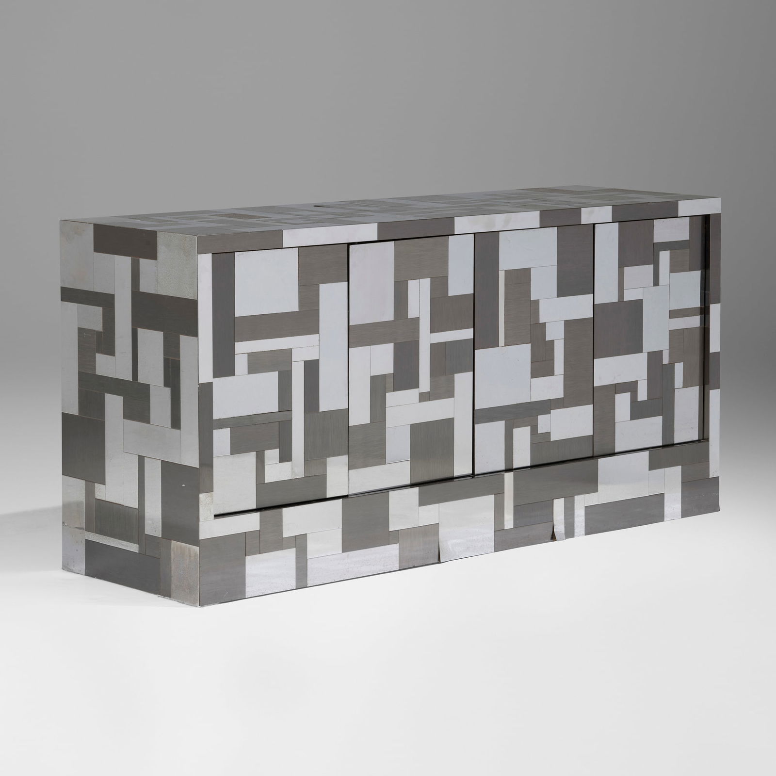 Paul Evans, Cityscape cabinet from the PE 200 series: Paul Evans Cityscape cabinet from the PE 200 series Paul Evans Studio for DirectionalUSA, c. 1975chrome-plated steel, enameled wood 32.25 h x 67.25 w x 20.75 d in (82 x 171 x 53 cm) Cabi