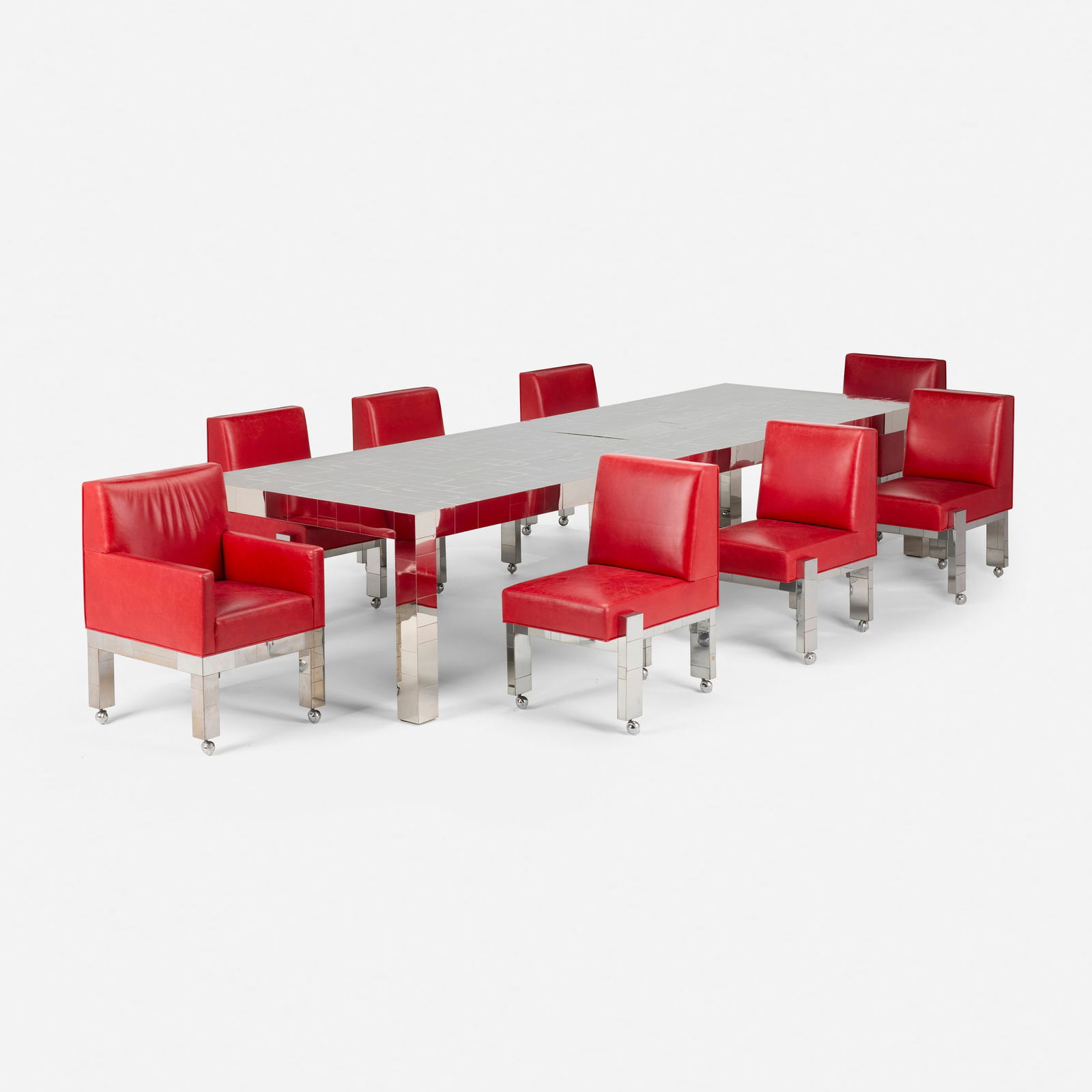 Paul Evans, Cityscape dining suite: Paul Evans Cityscape dining suite Paul Evans Studio for DirectionalUSA, 1973leather upholstery, chrome-plated steel, casters table: 29.5 h x 139 w x 48 d in (75 x 353 x 122 cm) chairs: 34 h