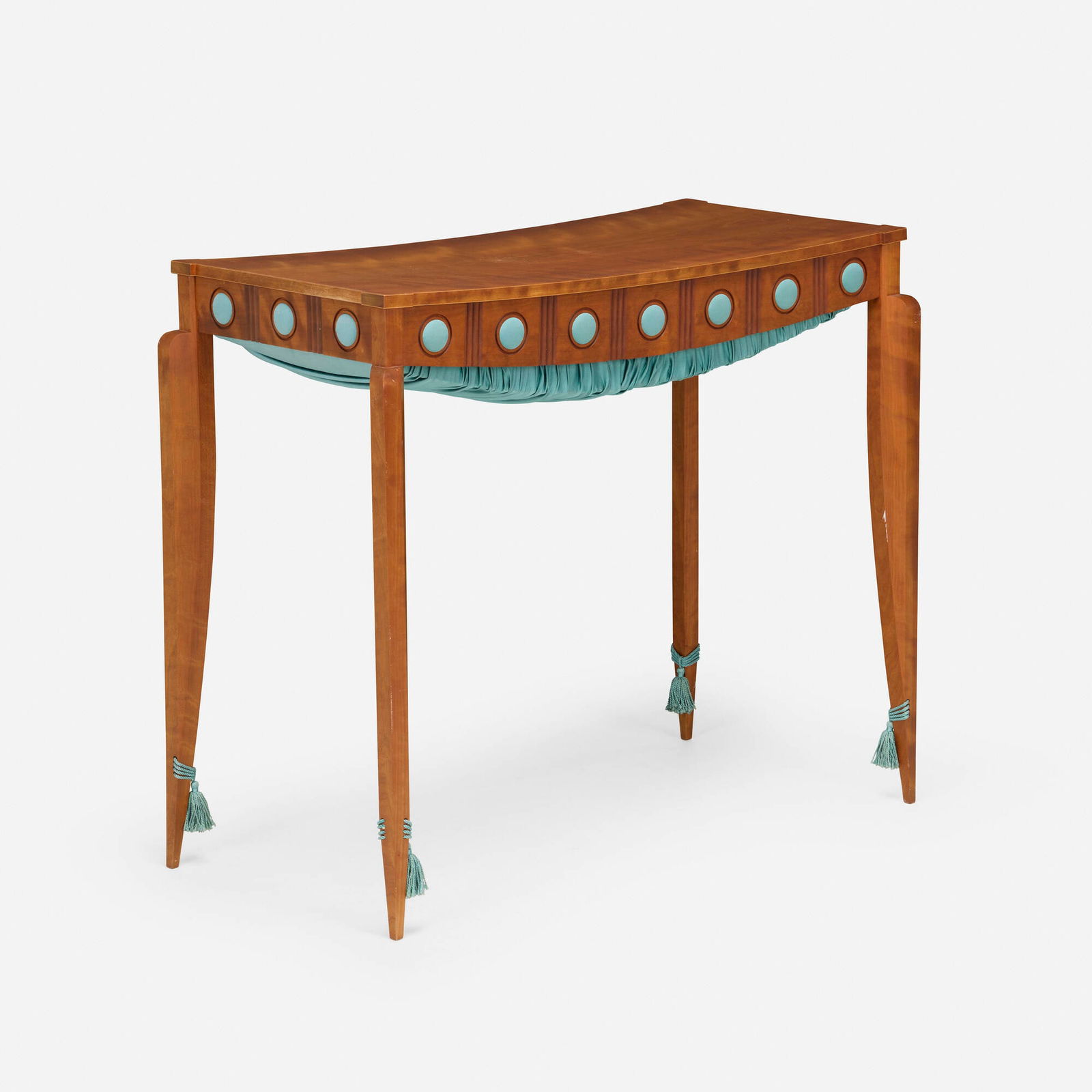John Dunnigan, Occasional table: John Dunnigan Occasional table USA, c. 1985maple, satin upholstery, tassels 29.5 h x 35 w x 17.25 d in (75 x 89 x 44 cm) Provenance: Collection of Peter T. Joseph and Wendy Ev