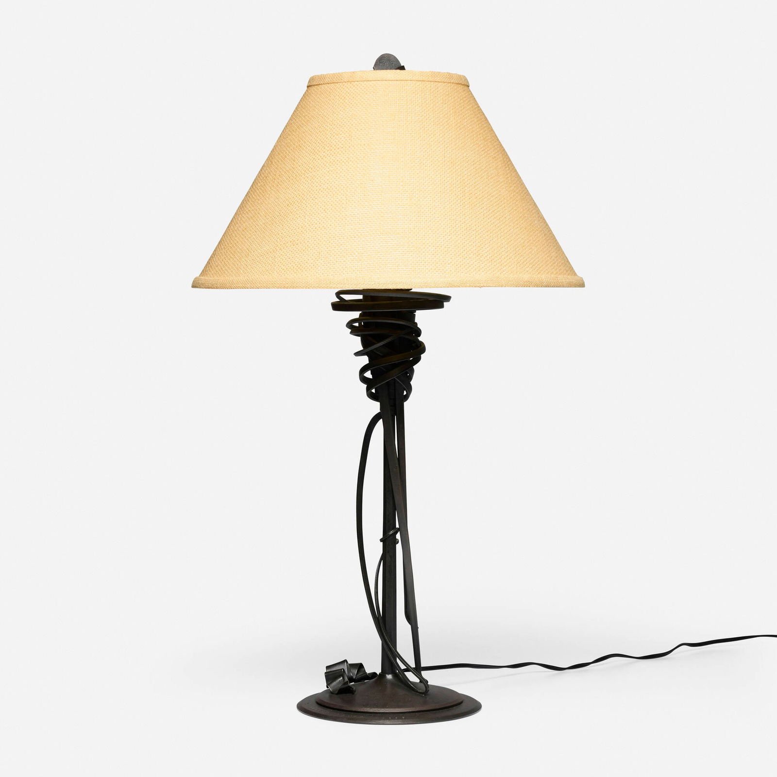 Albert Paley, Table lamp: Albert Paley Table lamp USA, 1993forged and fabricated steel with a blackened finish, linen shade 30.5 h x 18.25 dia in (77 x 46 cm) Impressed signature and date to top of base 'Albert Paley 1