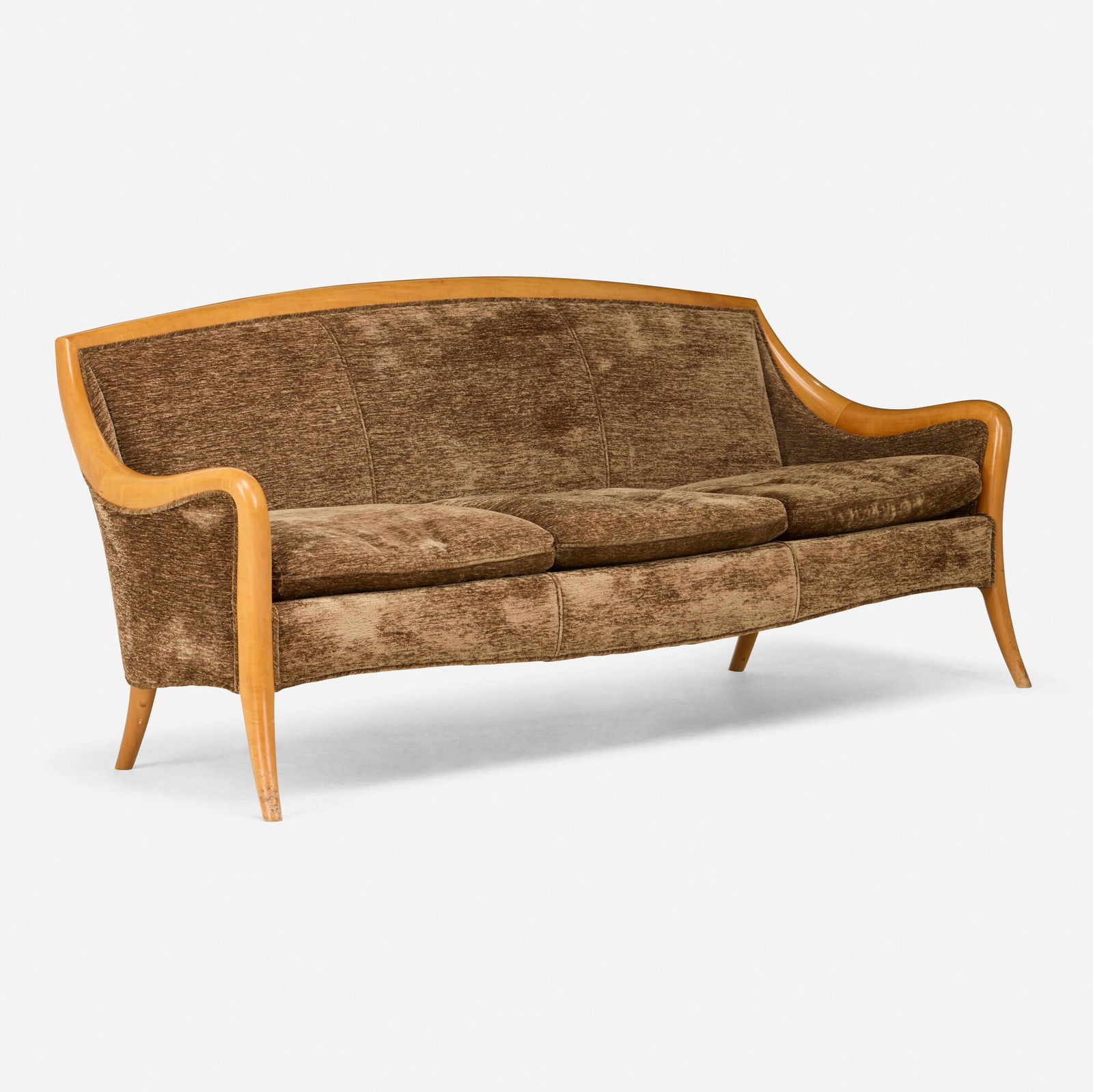 Timothy Philbrick, Continuous Arm sofa: Timothy Philbrick Continuous Arm sofa USA, c. 1985pear, microfiber upholstery 35 h x 86 w x 26 d in (89 x 218 x 66 cm) Provenance: Collection of Peter T. Joseph and Wendy Evan