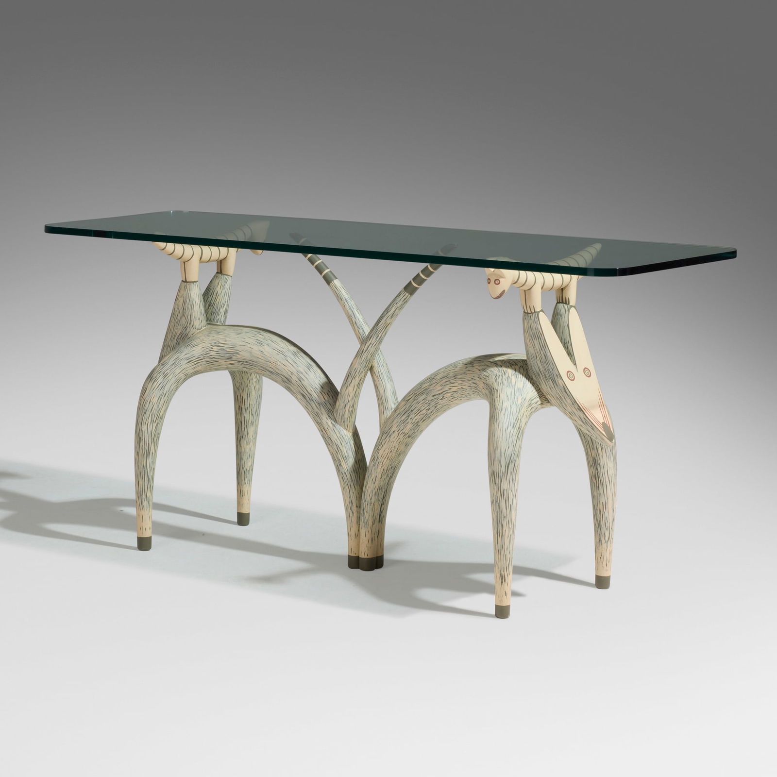 Judy Kensley McKie, Fox and Lizard console table: Judy Kensley McKie Fox and Lizard console table USA, 1985laminated birch, milk paint, glass 30.75 h x 66 w x 19.75 d in (78 x 168 x 50 cm) Signed and dated to underside of central foot 'JKM 19