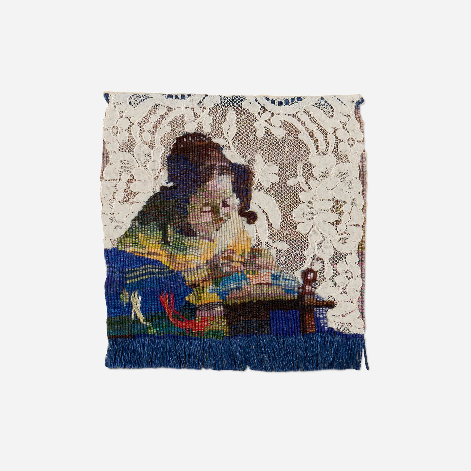 Ed Bing Lee, Vermeer Lacemaker: Ed Bing Lee Vermeer Lacemaker 2001knotted fiber and lace in artist-made Plexiglas case 4.25 h x 4.25 w in (11 x 11 cm) Signed, titled and dated to backing board 'Vermeer Lacemaker Ed Bing Lee