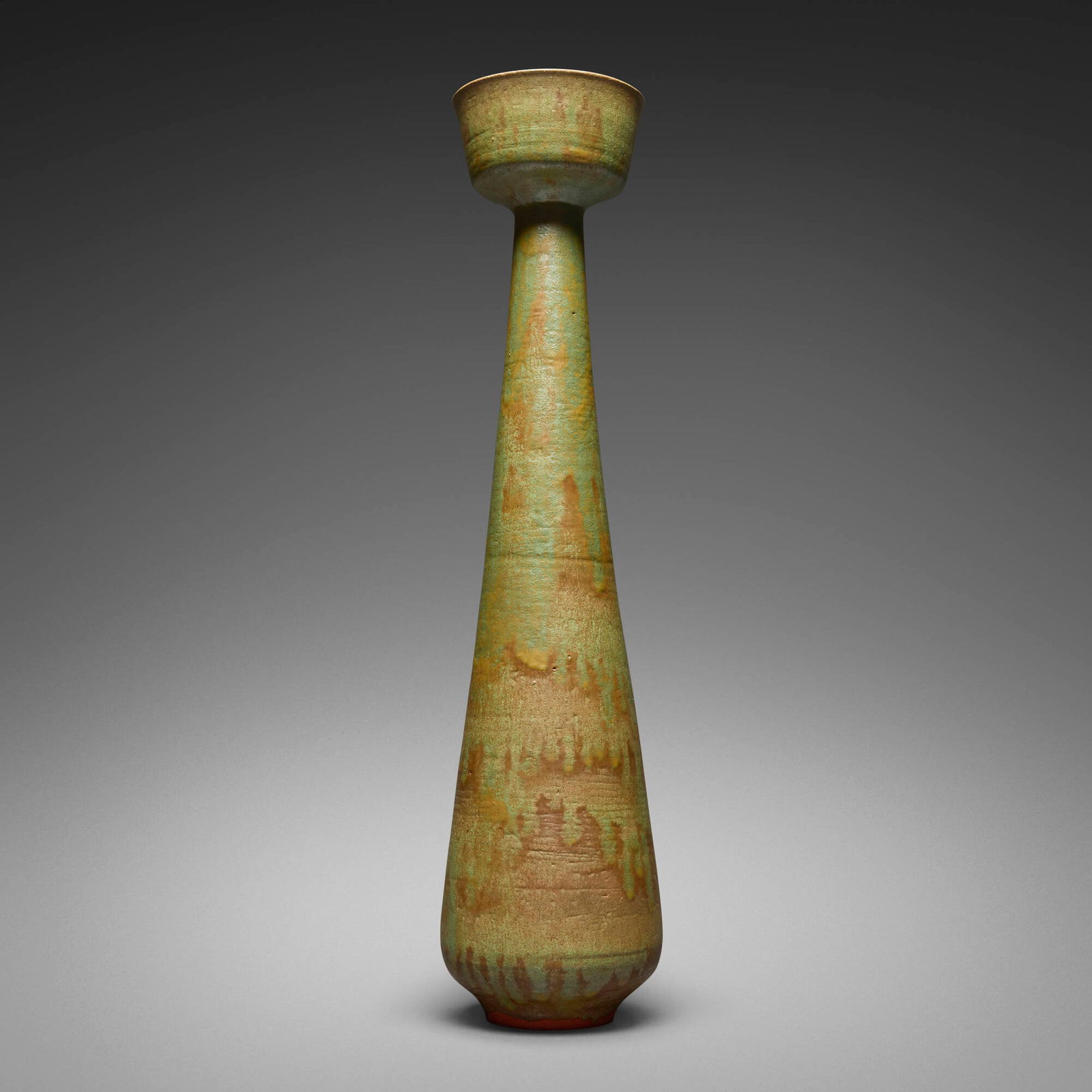 Gertrud and Otto Natzler, Tall vase form with cupped top: Gertrud and Otto Natzler Tall vase form with cupped top 1960earthenware with Patina Crystalline Mat glaze 20.25 h x 4.5 dia in (51 x 11 cm) Signed to underside 'Natzler' with archive number 'K