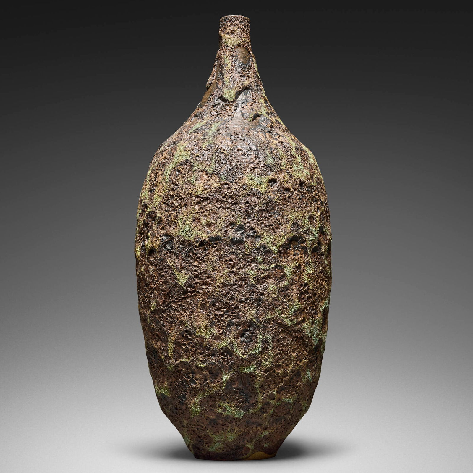 Gertrud and Otto Natzler, Tall bottle form: Gertrud and Otto Natzler Tall bottle form 1974earthenware with Verdigris Crater glaze 18.5 h x 8.25 dia in (47 x 21 cm) Signed to underside 'Natzler' with archive number 'O524'. This work is a