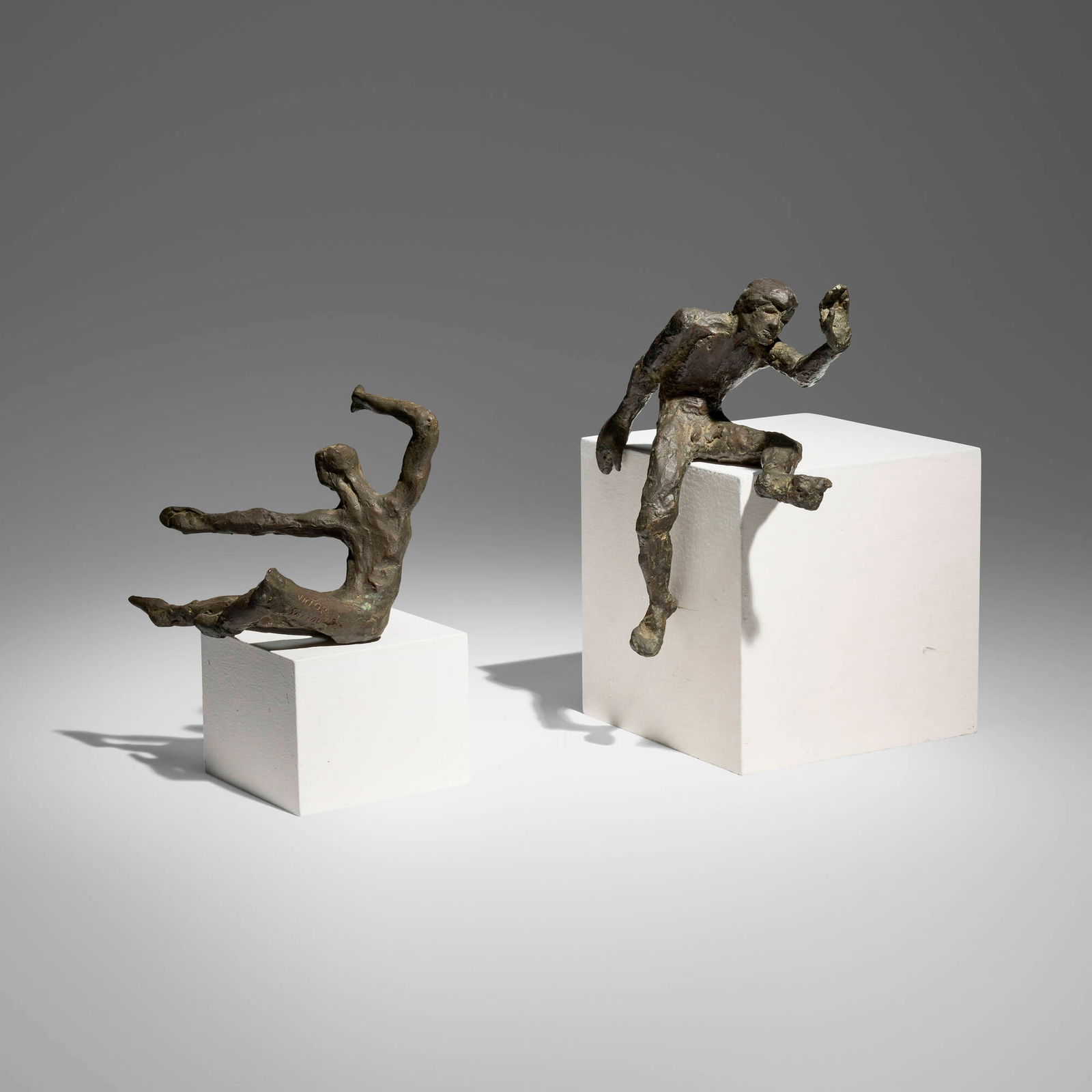 Victor Salmones, Nude Seated Man; Dancer (two works): Victor Salmones Nude Seated Man; Dancer (two works) 1960bronze 10.5 h x 8 w x 2.5 d in (27 x 20 x 6 cm) 6 h x 8 w x 3.75 d in (15 x 20 x 10 cm) Incised signature to leg of each work 'Victor