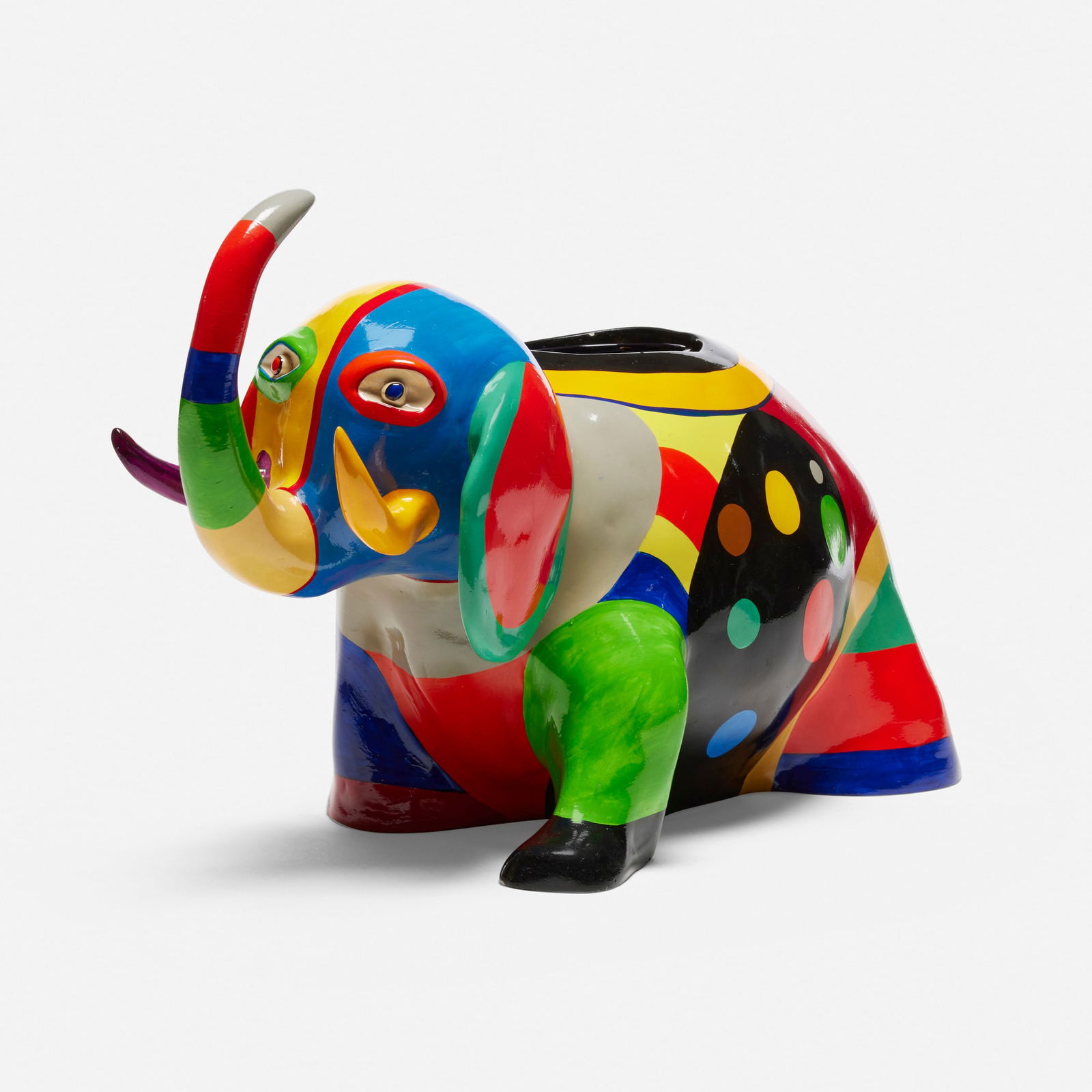 Niki de Saint Phalle, Elephant vase: Niki de Saint Phalle Elephant vase 1986painted polyester resin, glazed terracotta 12 h x 20 w x 9.75 d in (30 x 51 x 25 cm) Incised signature and number to brass label to underside '13/50 Niki