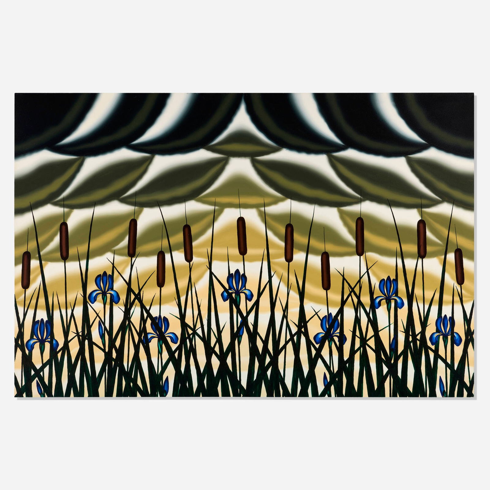 Roger Brown, Blue Flag and Gold Sky: Roger Brown Blue Flag and Gold Sky c. 1981oil on canvas 48 h x 72 w x 1.5 d in (122 x 183 x 4 cm) Titled to verso 'Blue Flag and Gold Sky'. Provenance: Pace Wildenstein