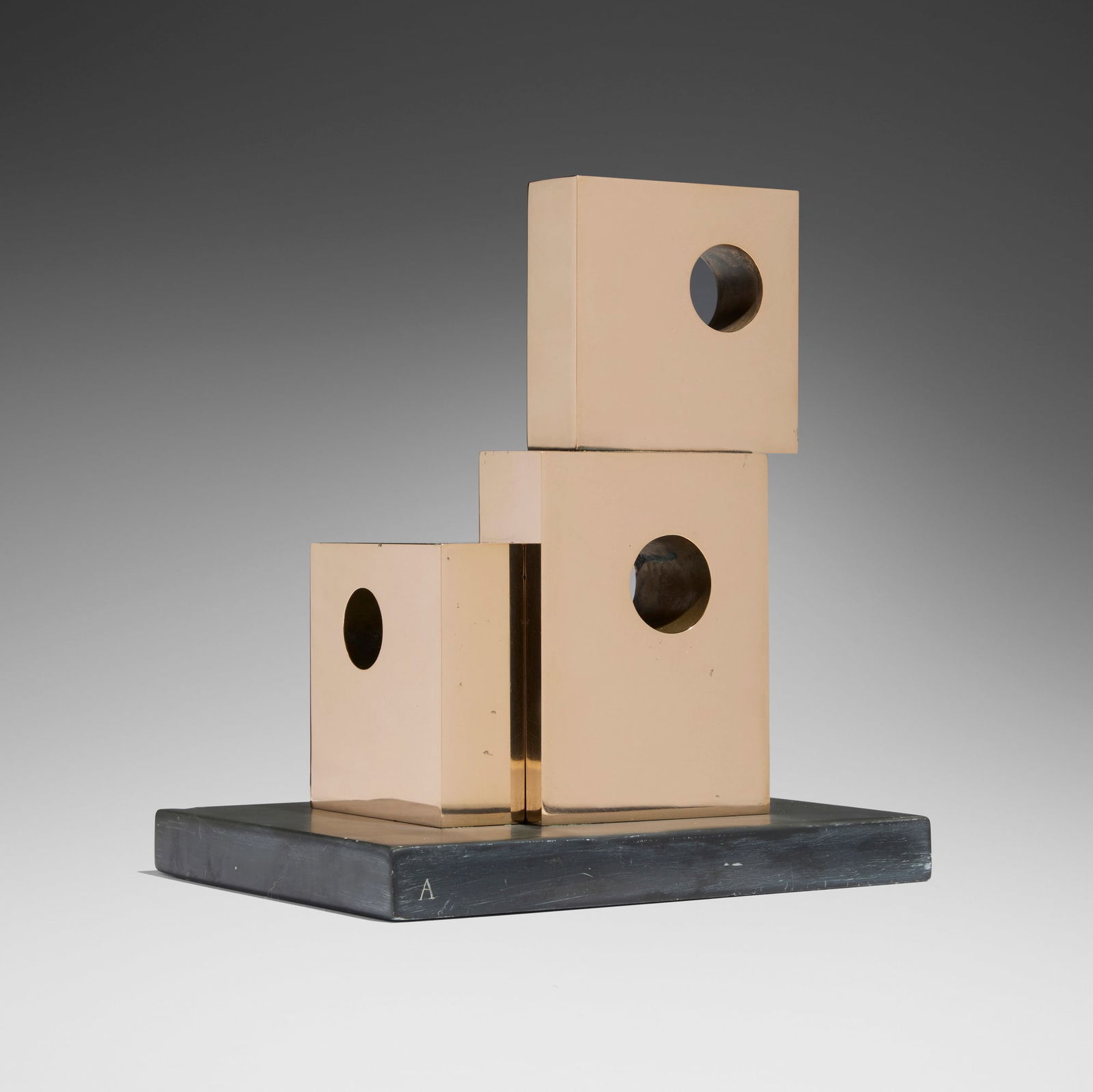 Barbara Hepworth, Three Forms (Extra Eye): Barbara Hepworth Three Forms (Extra Eye) 1969polished bronze, slate base 8.875 h x 8 w x 6.125 d in (23 x 20 x 16 cm) Incised number to edge of base 'A'. This work is an artist's cast apart fr