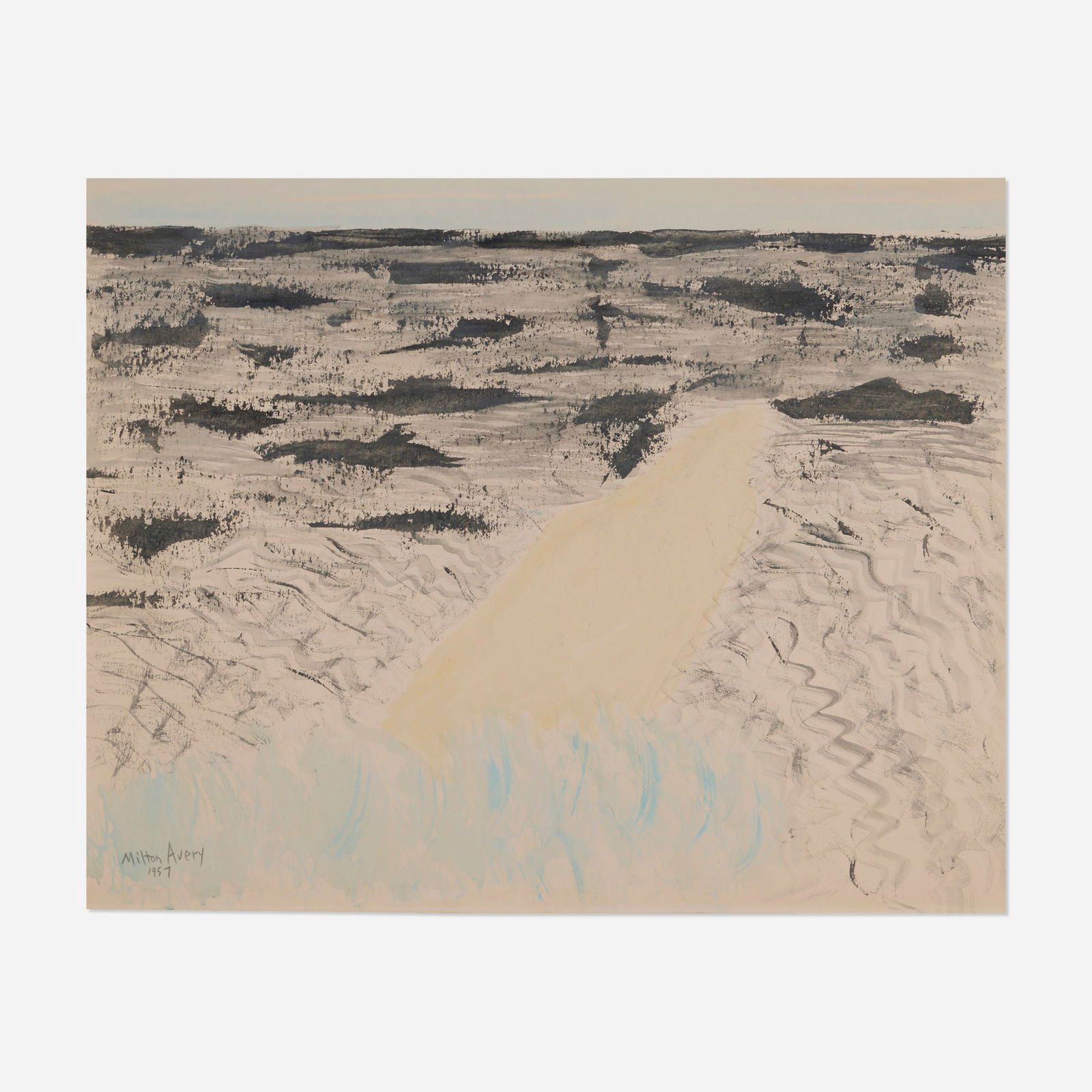Milton Avery, Sand Spit: Milton Avery Sand Spit 1957 watercolor on paper 20 h x 26 w in (51 x 66 cm) Signed and dated to lower left 'Milton Avery 1957'. Titled and dated to verso 'Sand Spit 1957'. This work is identified