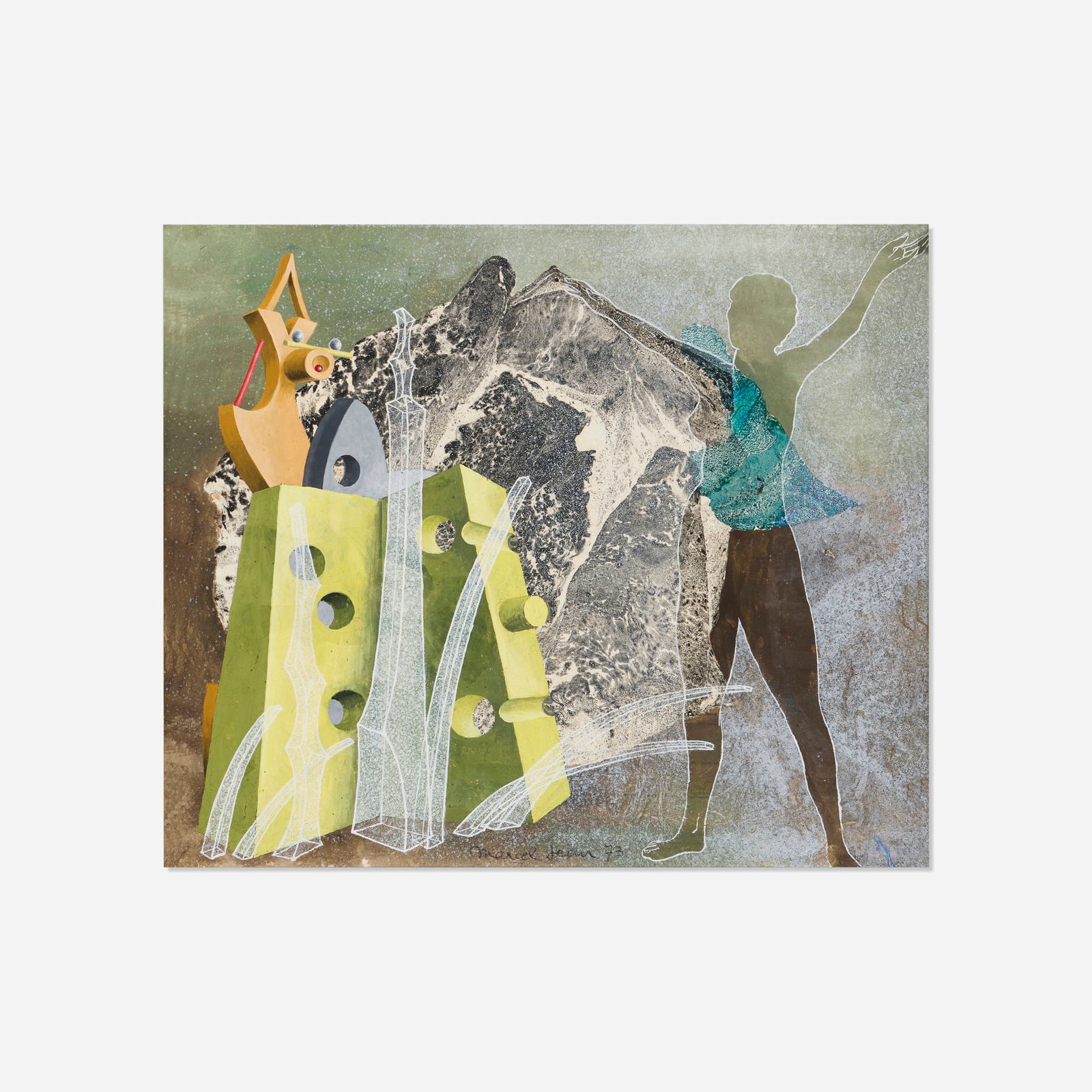 Marcel Jean, Les sources du vent: Marcel Jean Les sources du vent 1973 mixed media on board 10.5 h x 12.5 w in (27 x 32 cm) Signed and dated to lower edge 'Marcel Jean 73'. Signed, titled and dated to verso 'Marcel Jean Les